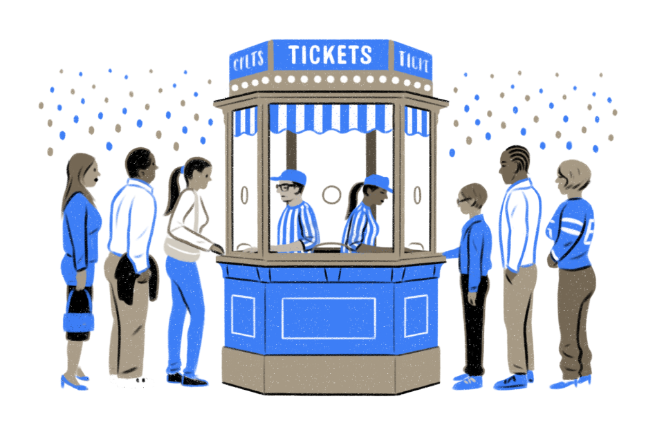An illustration of a booth selling tickets, surrounded by many eager fans