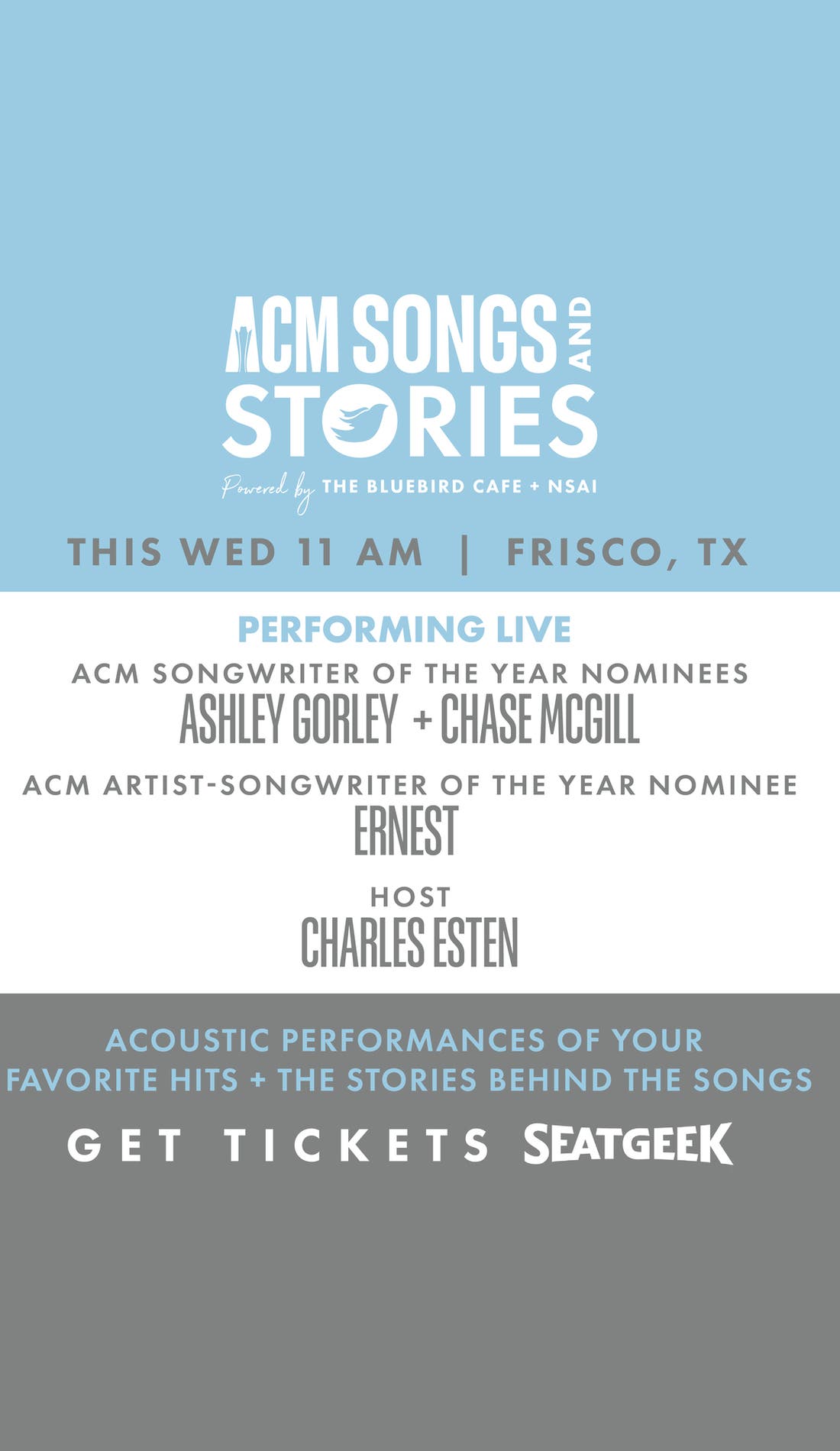 ACM Songs & Stories promotional image for upcoming events and ticket sales