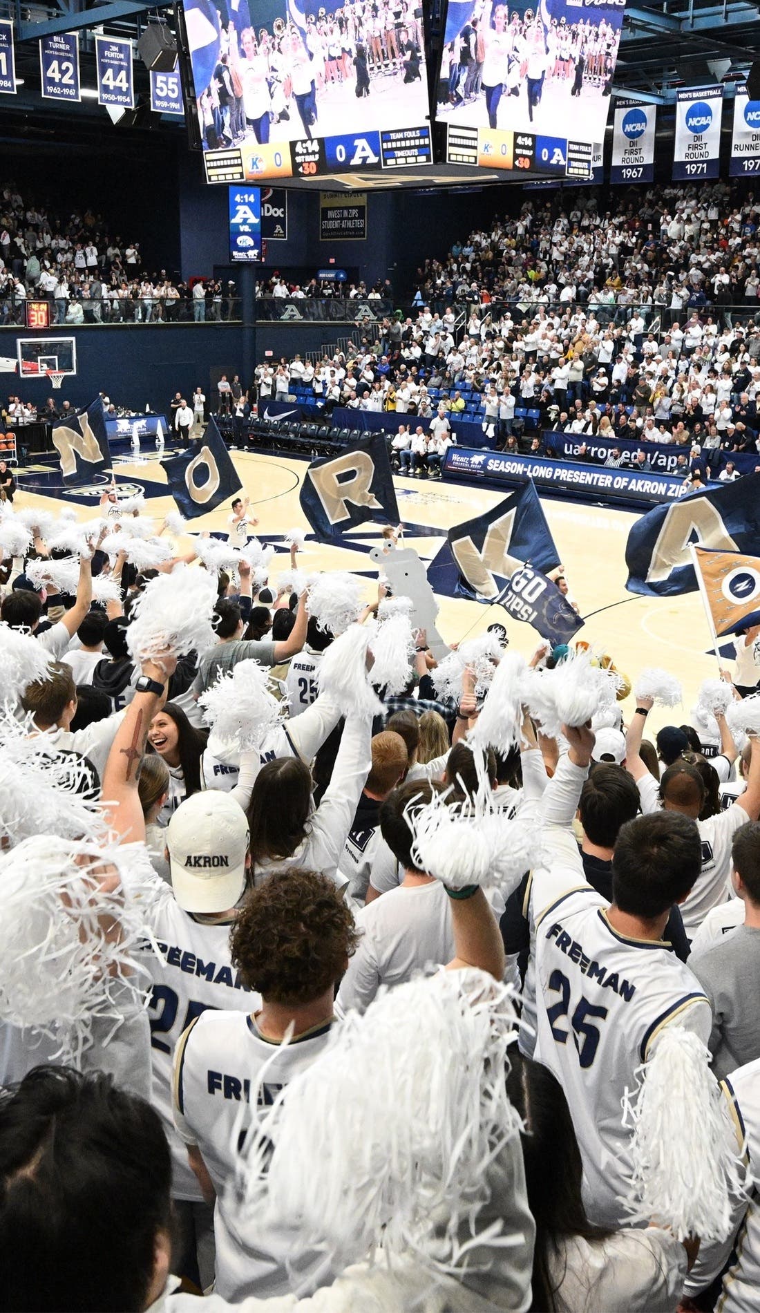 View from a seat at a Akron Zips Mens Basketball vs Alabama State Hornets Mens Basketball game, showing the teams playing