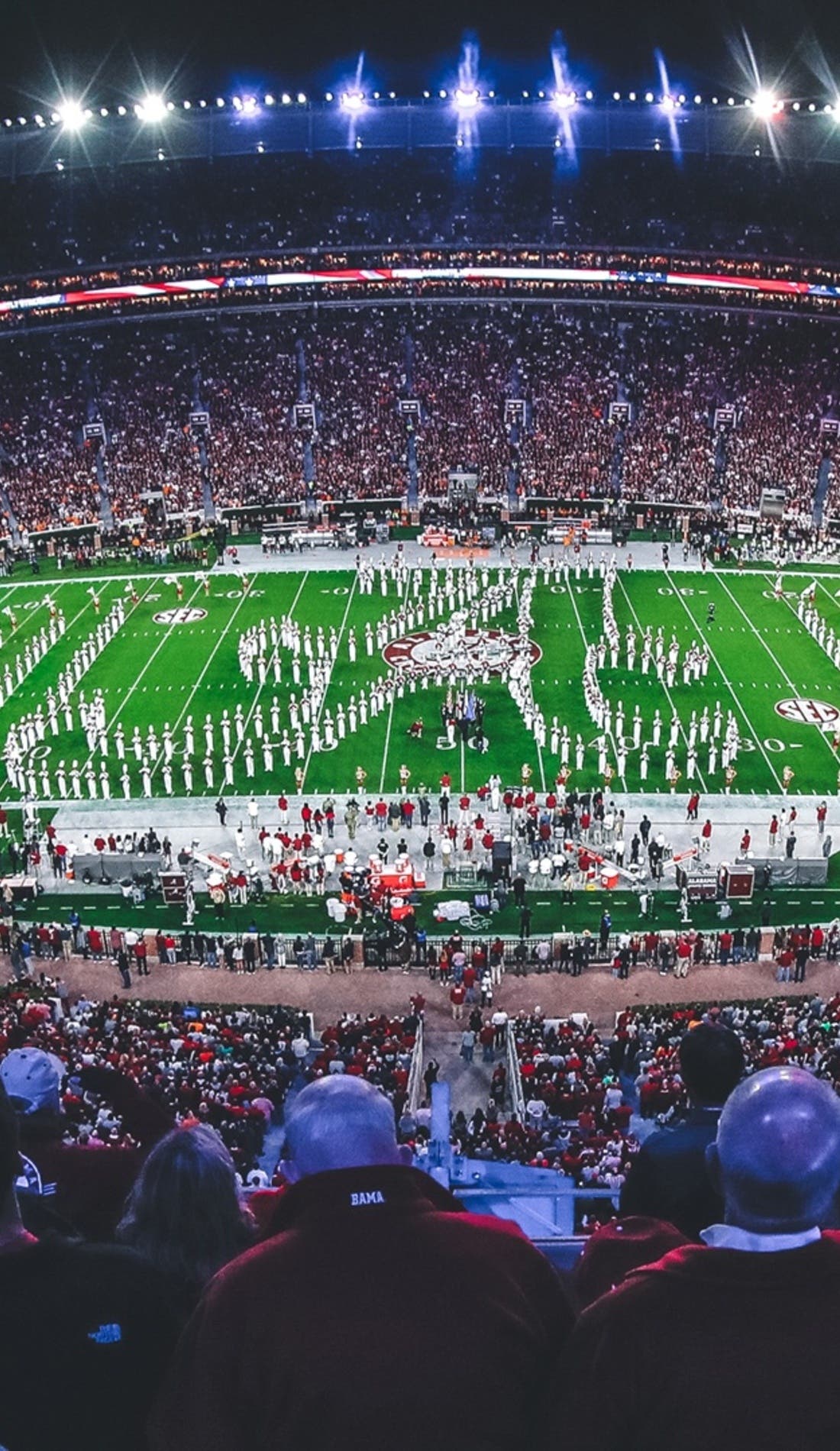 View from a seat at a Alabama Crimson Tide Football vs Chattanooga Mocs Football game, showing the teams playing
