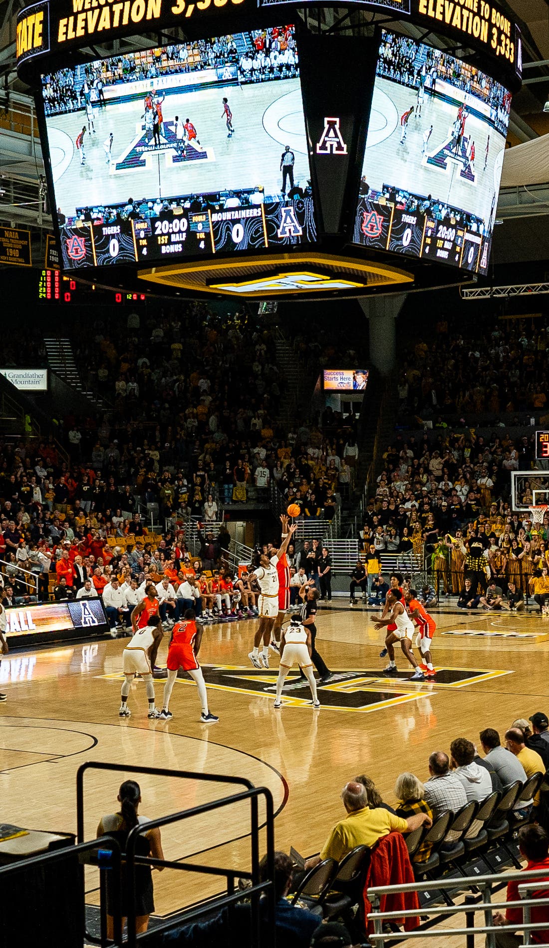View from a seat at a Appalachian State Mountaineers Mens Basketball vs Akron Zips Mens Basketball game, showing the teams playing