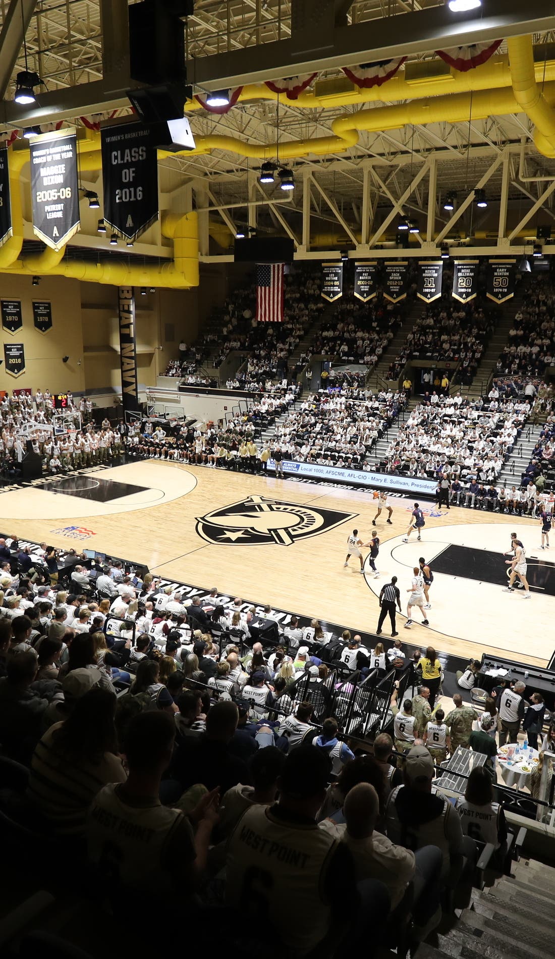 View from a seat at a Army Black Knights Mens Basketball vs Lehigh Mountain Hawks Mens Basketball game, showing the teams playing