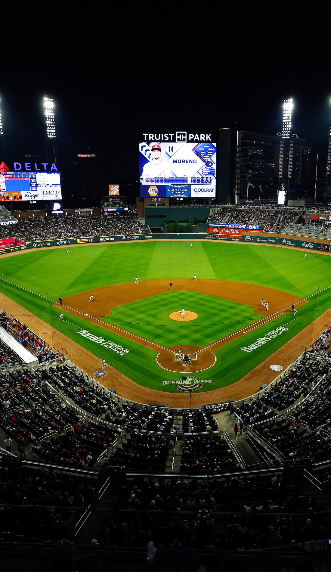 View from a seat at a Atlanta Braves vs Boston Red Sox game, showing the teams playing