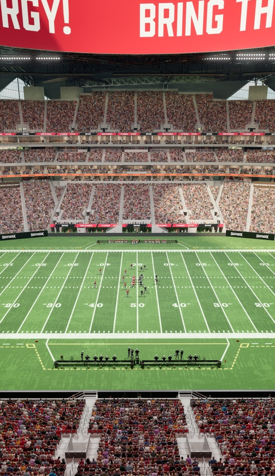 View from a seat at a Atlanta Falcons vs Tampa Bay Buccaneers game, showing the teams playing