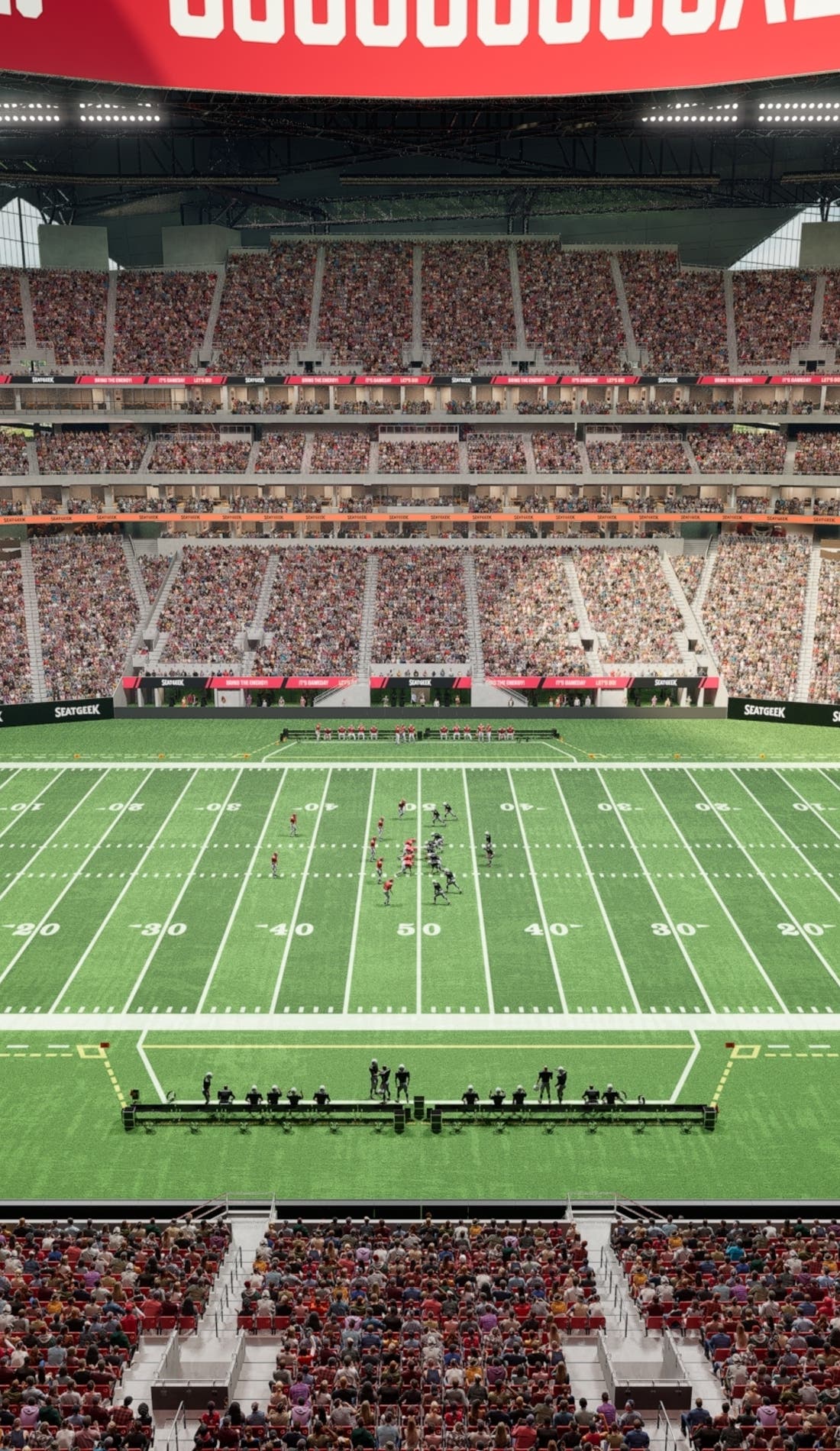 View from a seat at a Atlanta Falcons vs Indianapolis Colts game, showing the teams playing