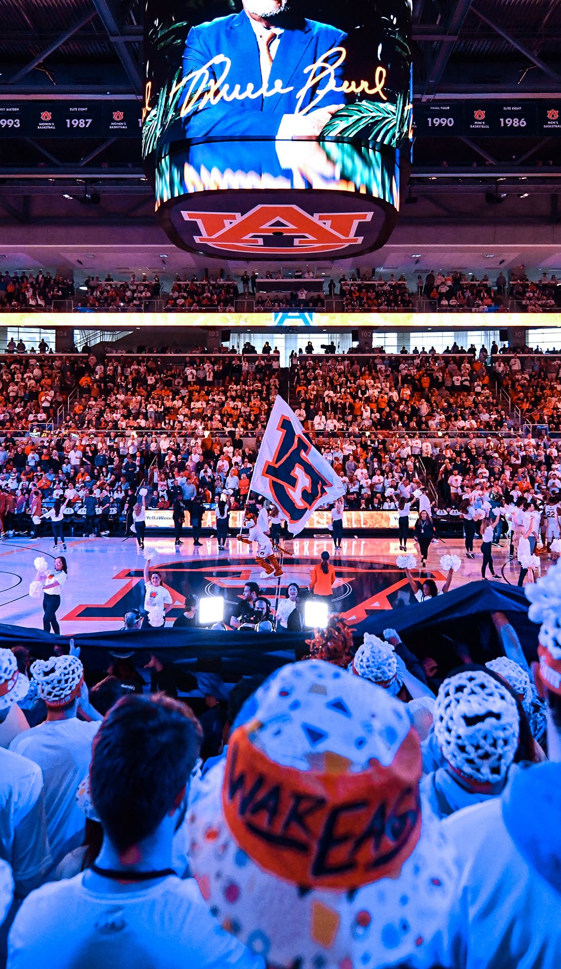 View from a seat at a Auburn Tigers Mens Basketball vs West Alabama Tigers Mens Basketball game, showing the teams playing