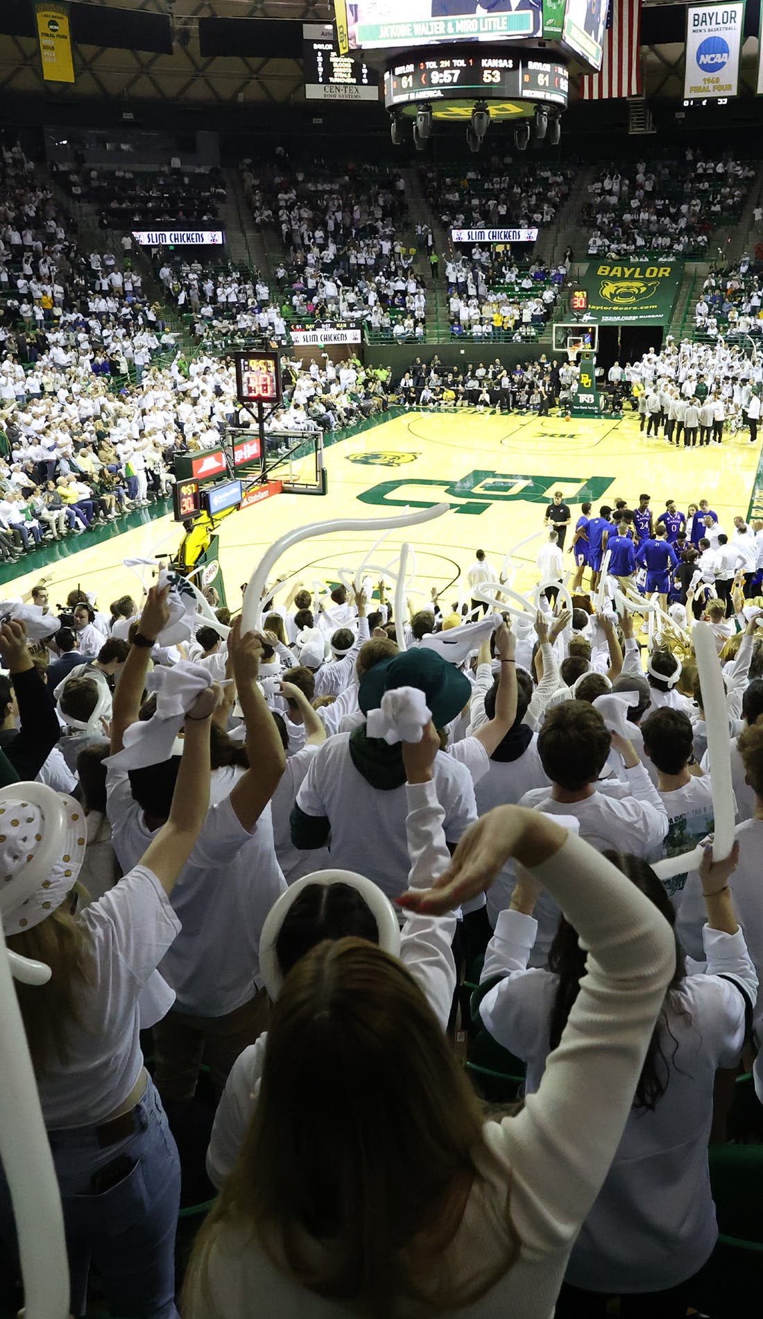 View from a seat at a Baylor Bears Mens Basketball vs Kansas City Roos Mens Basketball game, showing the teams playing