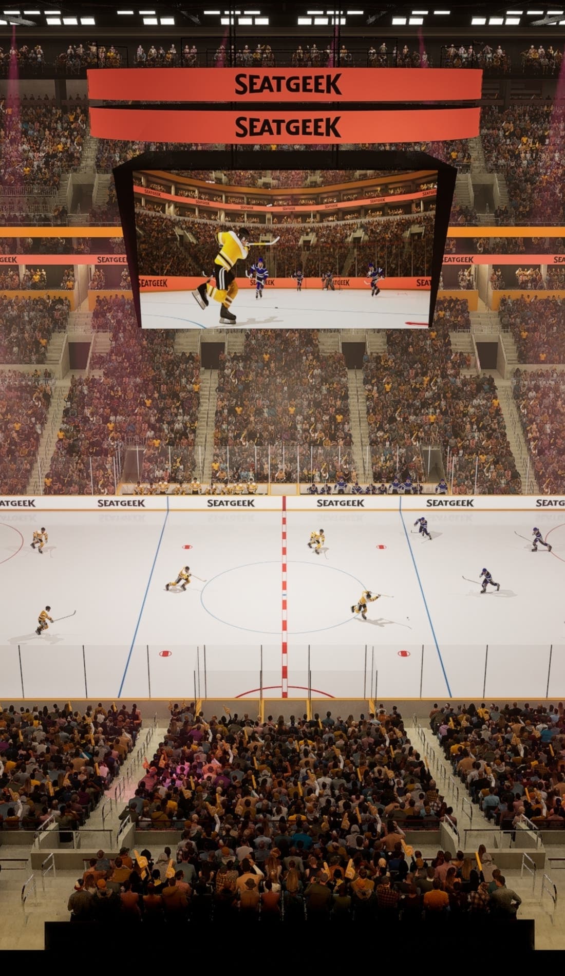 View from a seat at a Boston Bruins vs Buffalo Sabres game, showing the teams playing
