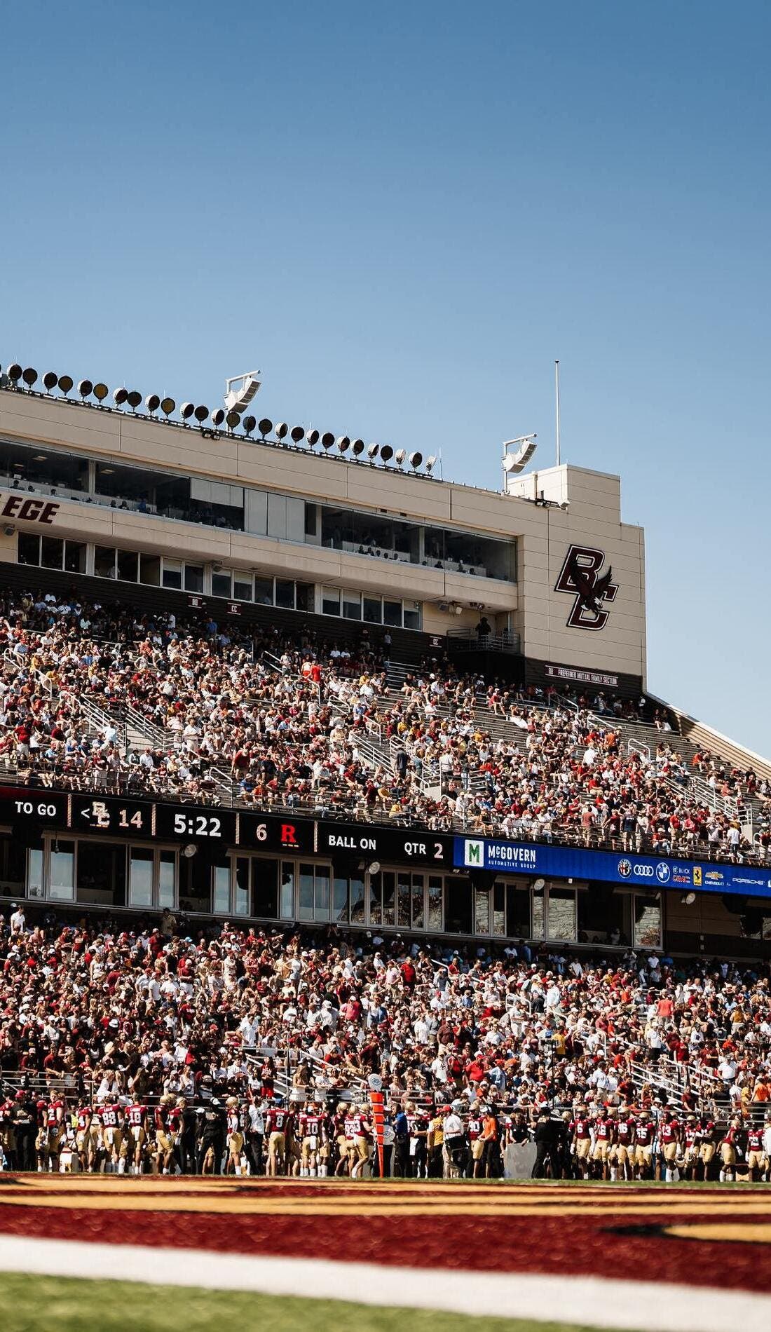 View from a seat at a Boston College Eagles Football vs Richmond Spiders Football game, showing the teams playing