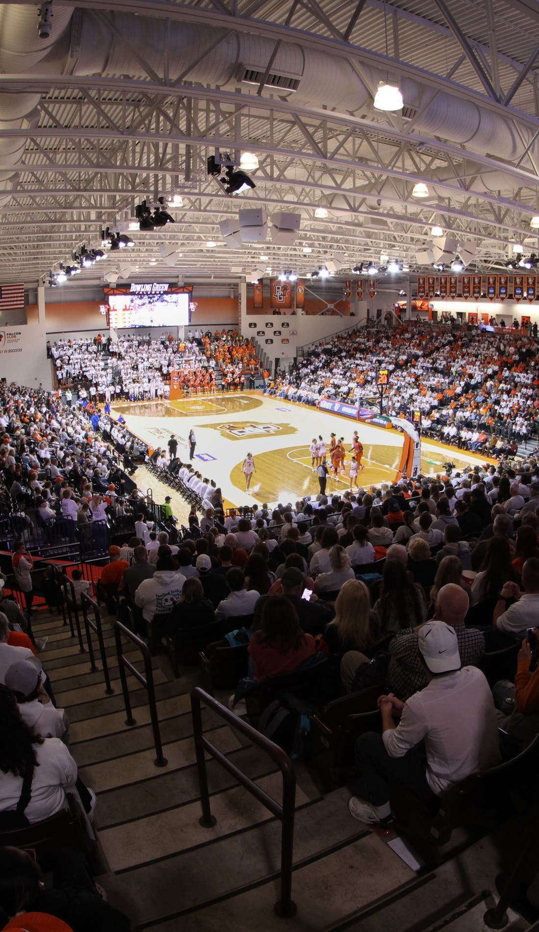 View from a seat at a Bowling Green State Falcons Mens Basketball vs Hartford Hawks Mens Basketball game, showing the teams playing