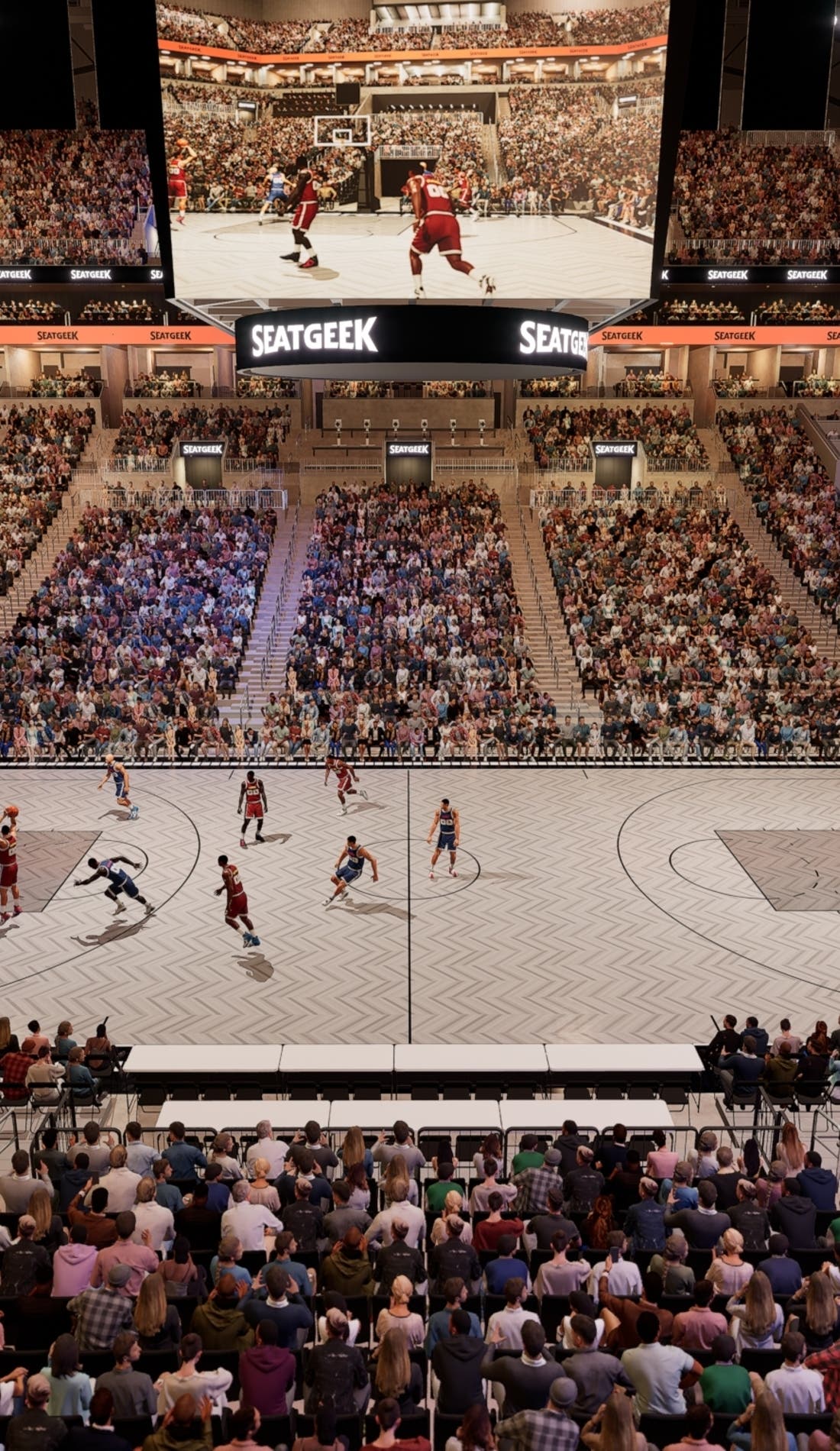 View from a seat at a Brooklyn Nets vs Charlotte Hornets game, showing the teams playing