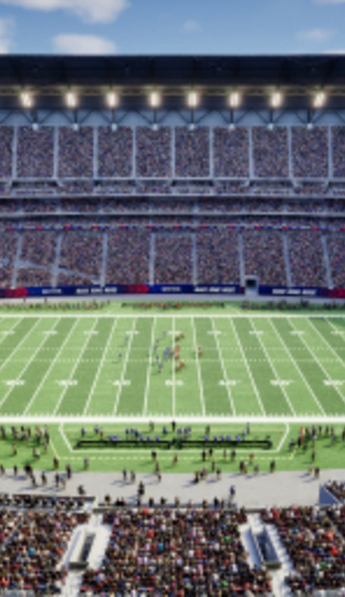 View from a seat at a Buffalo Bills vs New England Patriots game, showing the teams playing