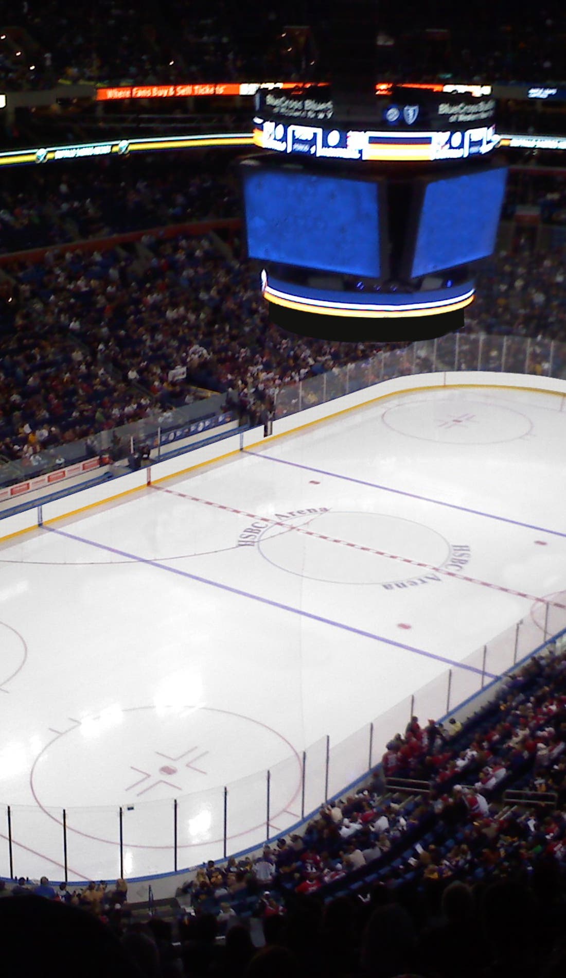 View from a seat at a Buffalo Sabres vs Toronto Maple Leafs game, showing the teams playing