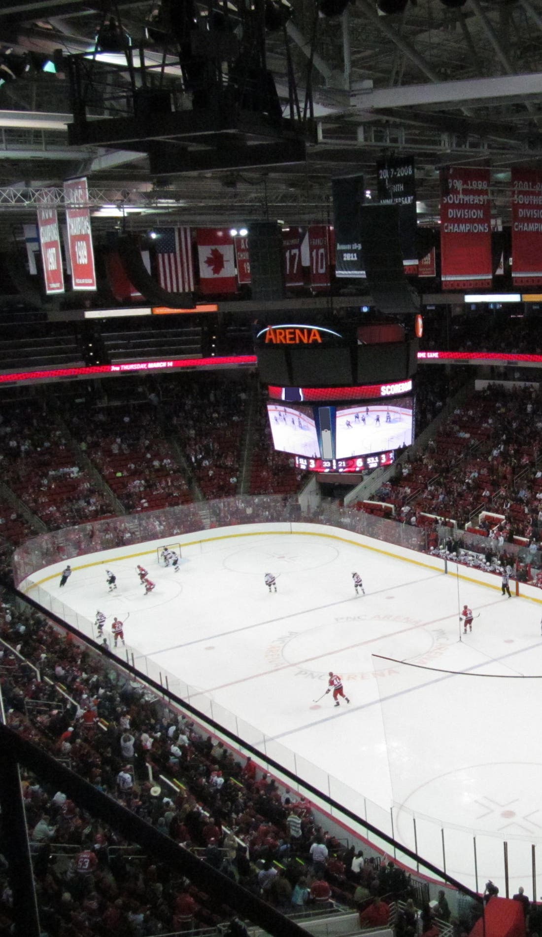 View from a seat at a Carolina Hurricanes vs Edmonton Oilers game, showing the teams playing