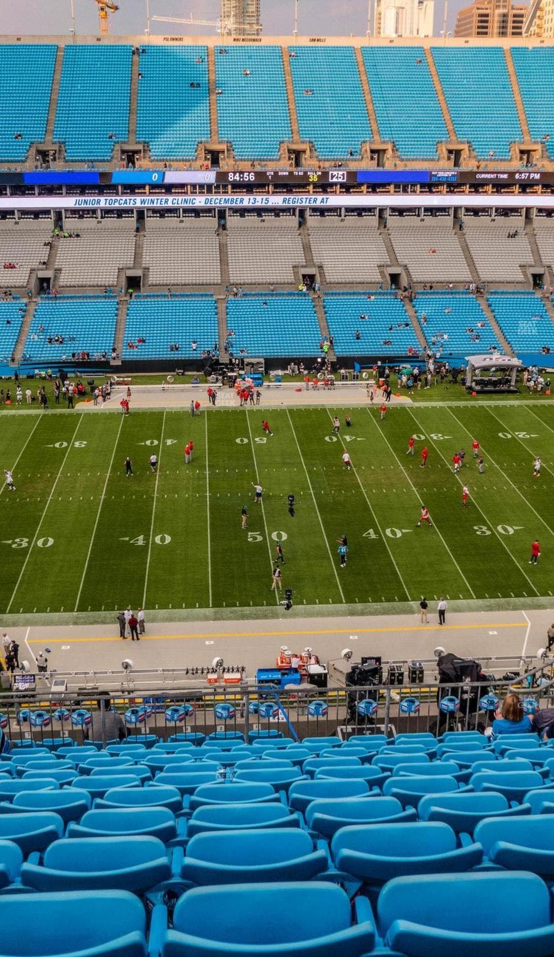 View from a seat at a Carolina Panthers vs San Francisco 49ers game, showing the teams playing
