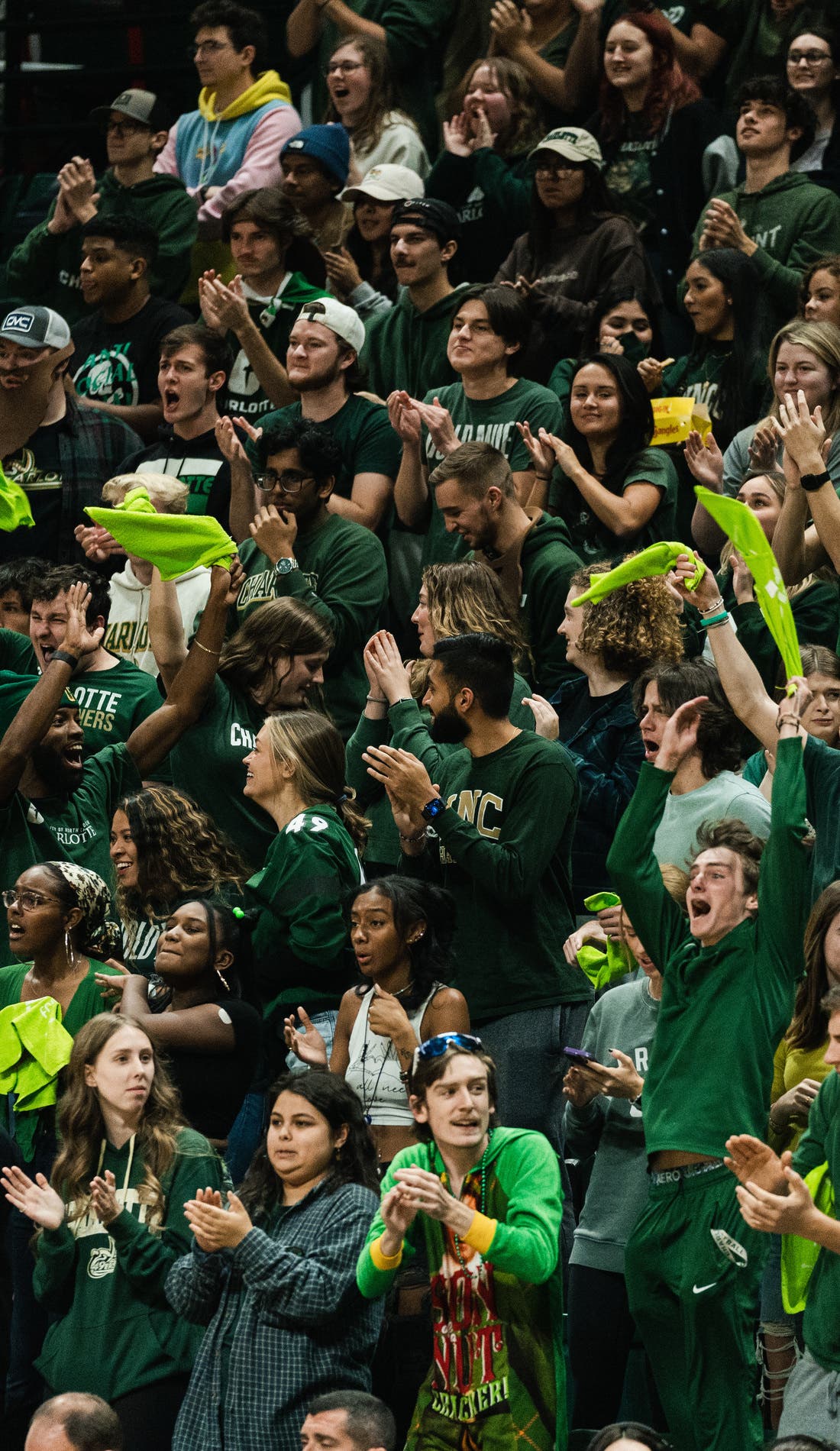 View from a seat at a Charlotte 49ers Mens Basketball vs Longwood Lancers Mens Basketball game, showing the teams playing