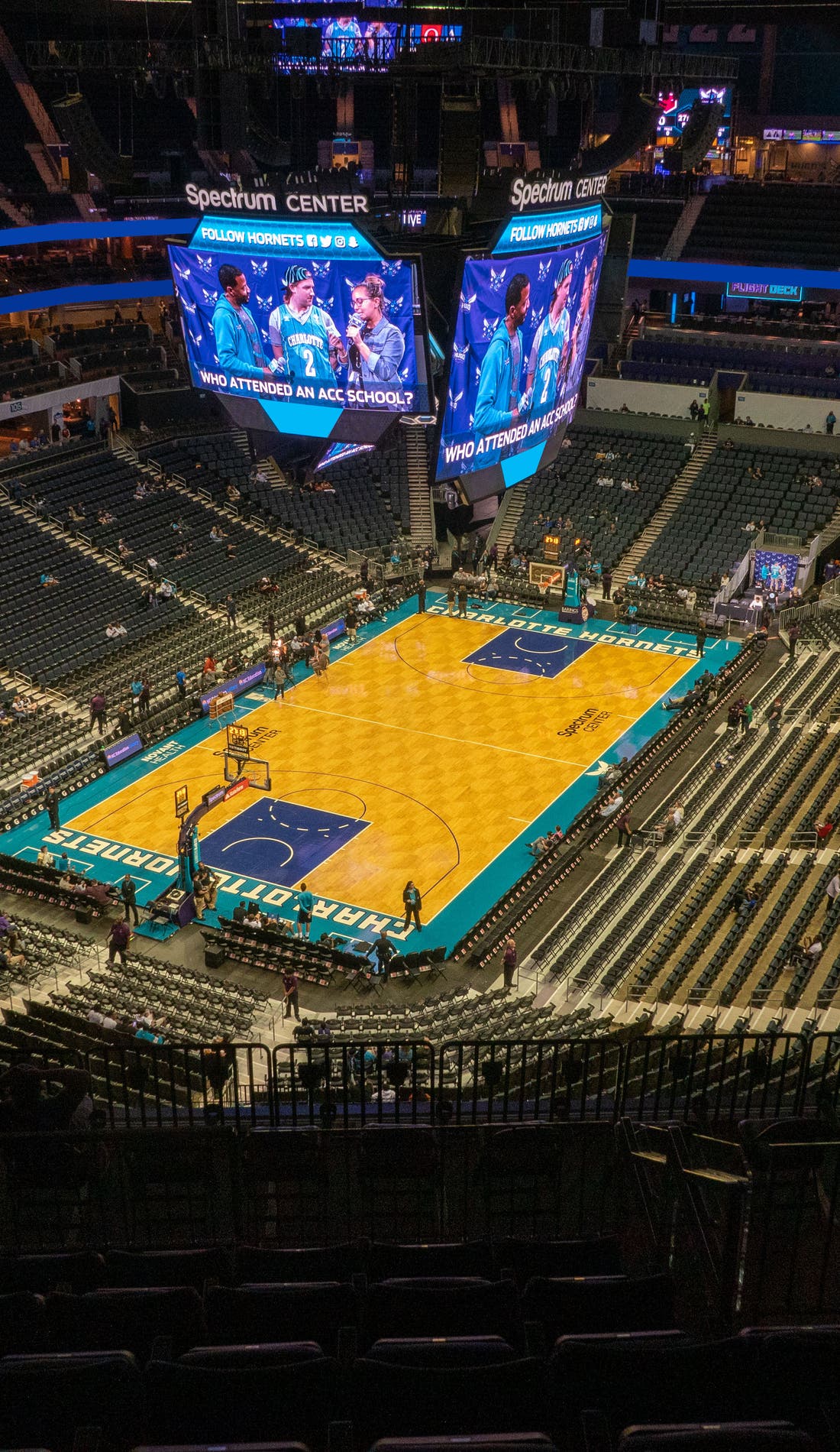 View from a seat at a Charlotte Hornets vs Los Angeles Lakers game, showing the teams playing