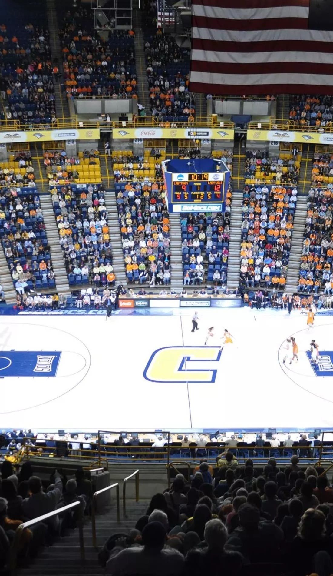 View from a seat at a Chattanooga Mocs Mens Basketball vs Louisiana Tech Bulldogs Mens Basketball game, showing the teams playing