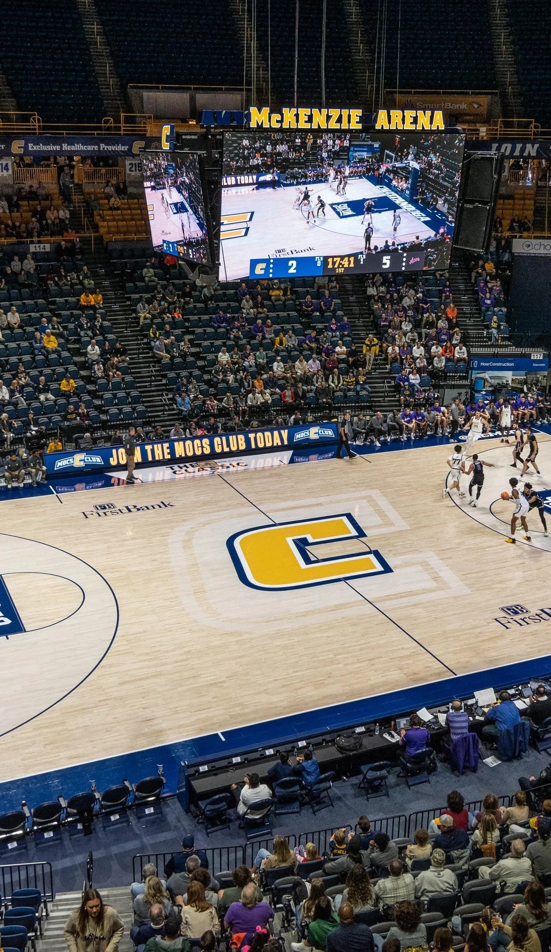 View from a seat at a Chattanooga Mocs Womens Basketball vs Samford Bulldogs Womens Basketball game, showing the teams playing