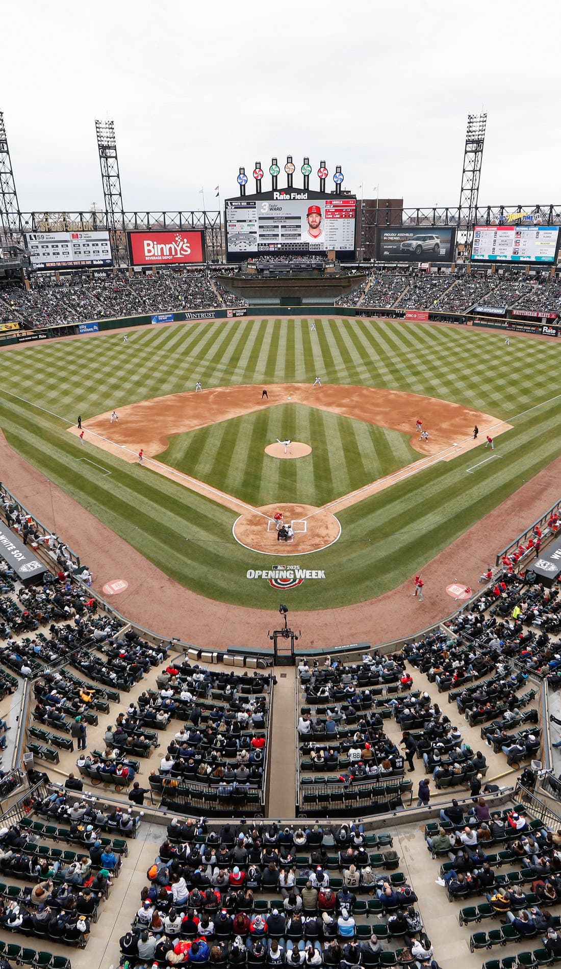 View from a seat at a Chicago White Sox vs San Diego Padres game, showing the teams playing