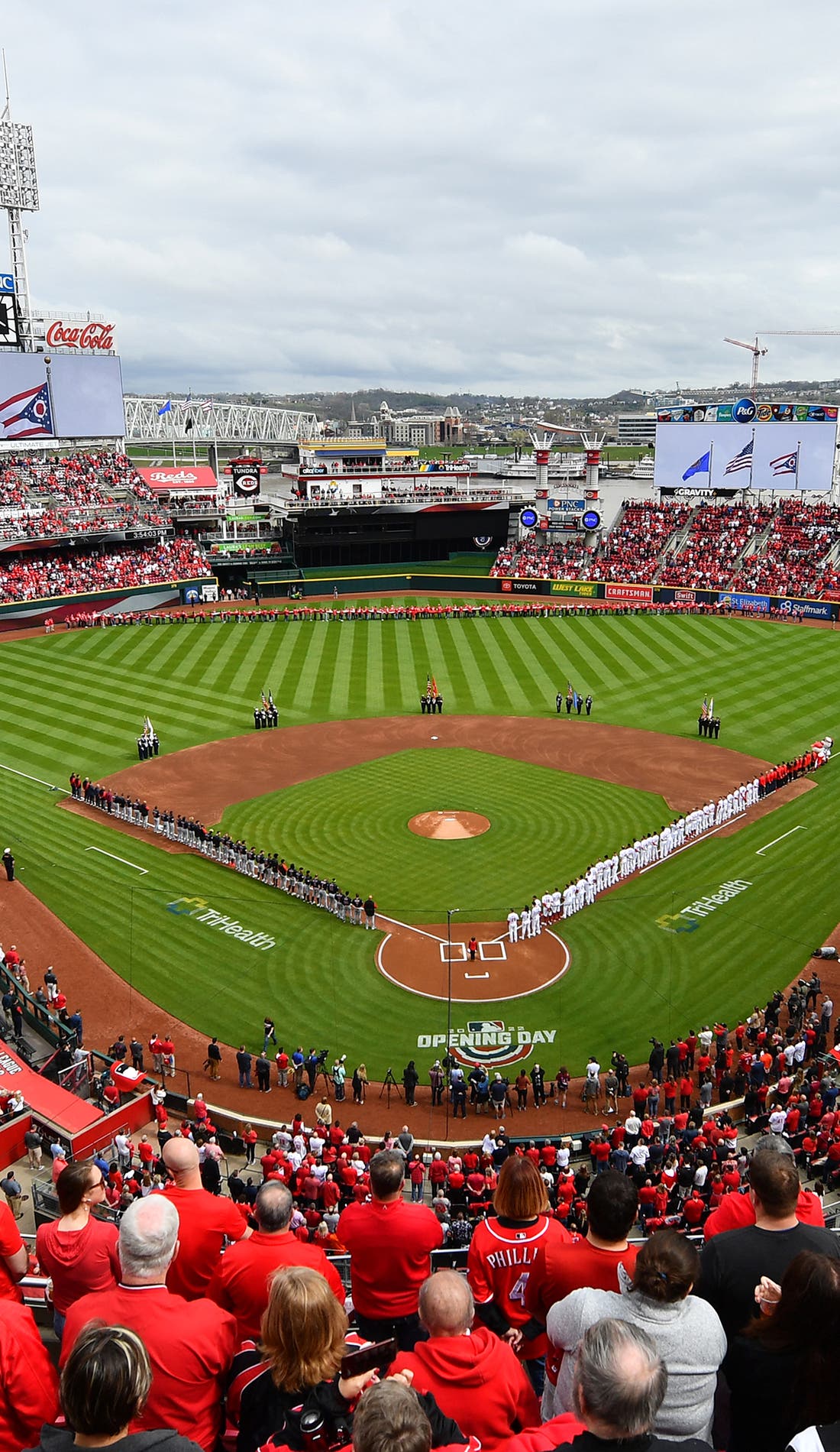 View from a seat at a Cincinnati Reds vs St. Louis Cardinals game, showing the teams playing
