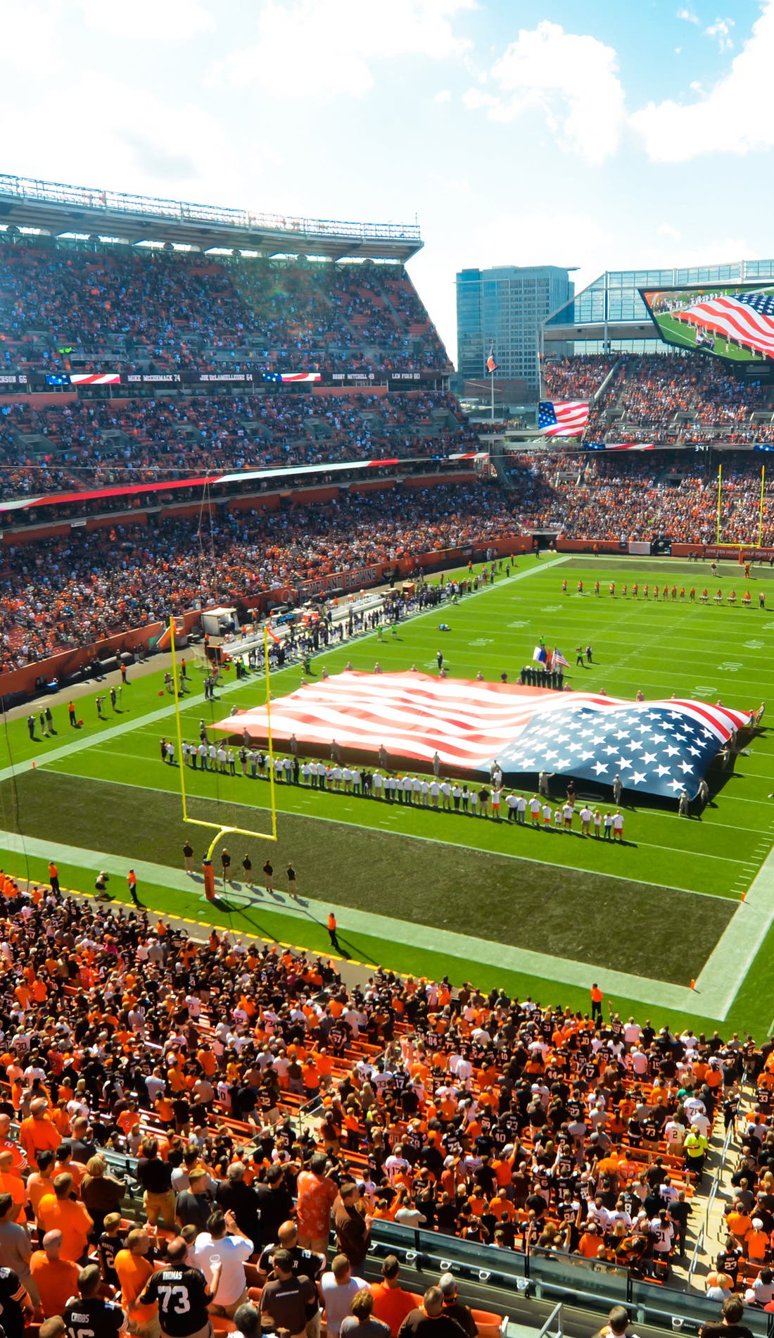 View from a seat at a Cleveland Browns vs Buffalo Bills game, showing the teams playing