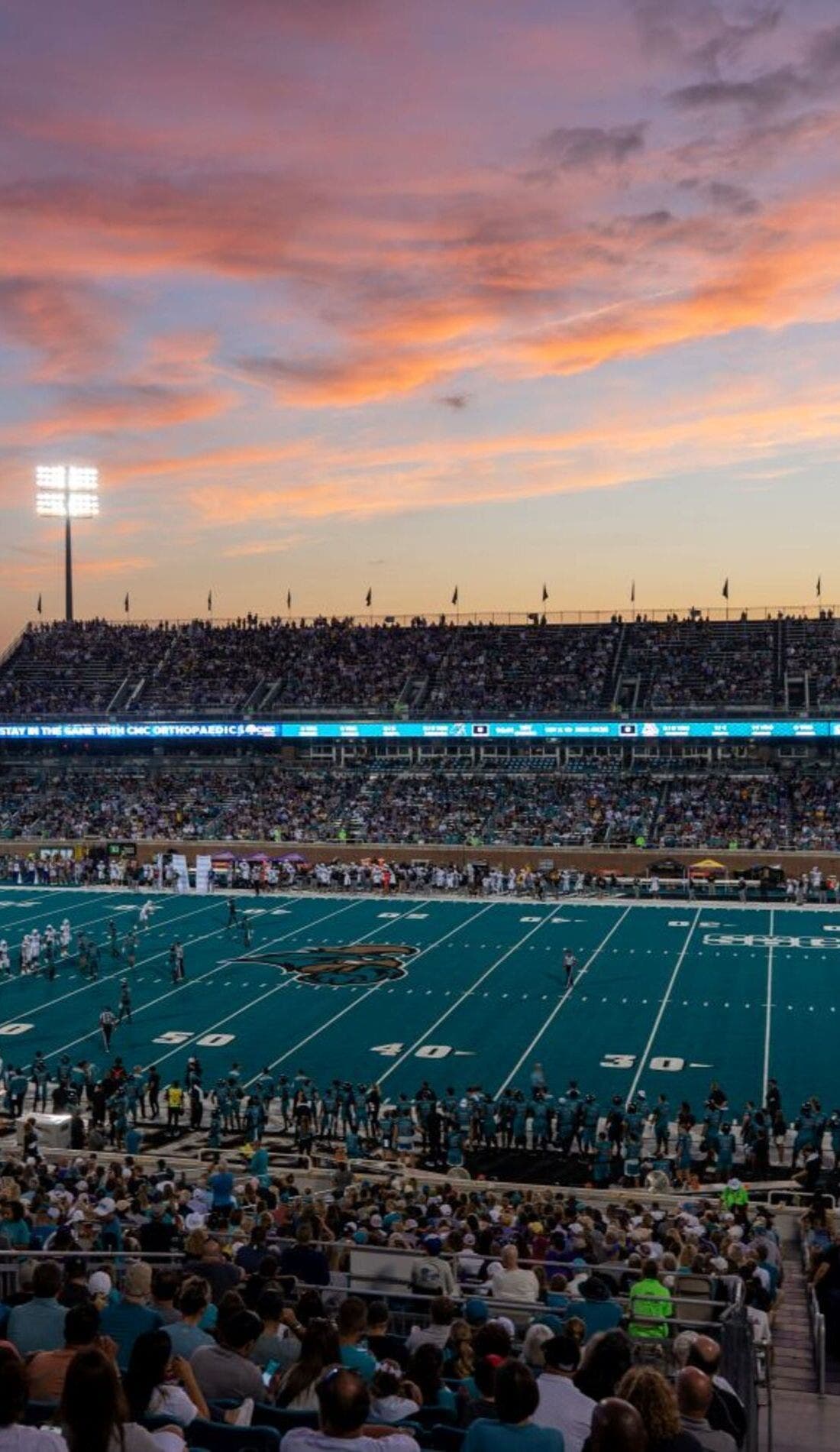 View from a seat at a Coastal Carolina Chanticleers Football vs Campbell Fighting Camels Football game, showing the teams playing