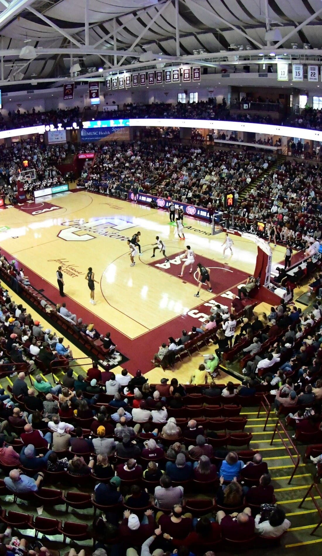 View from a seat at a College of Charleston Cougars Mens Basketball vs VCU Rams Mens Basketball game, showing the teams playing