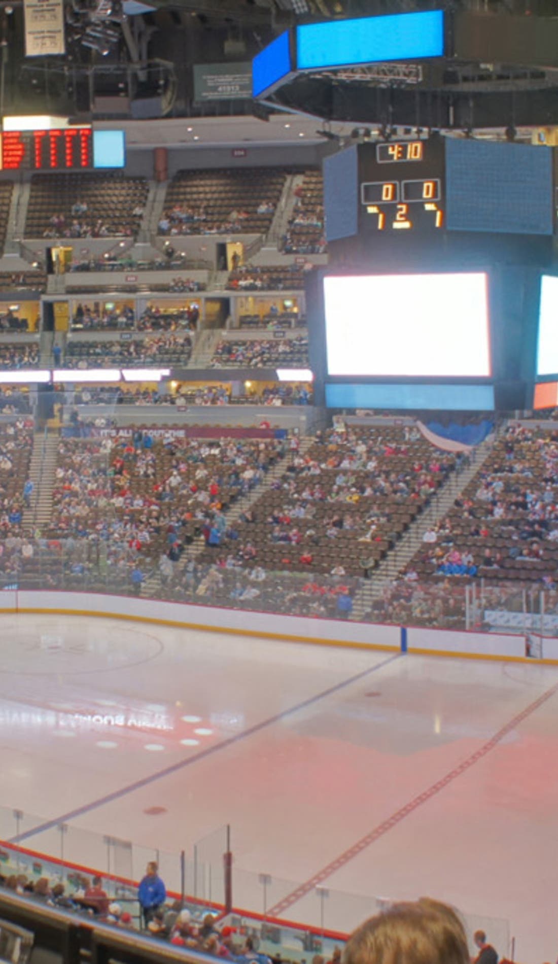 View from a seat at a Colorado Avalanche vs Edmonton Oilers game, showing the teams playing