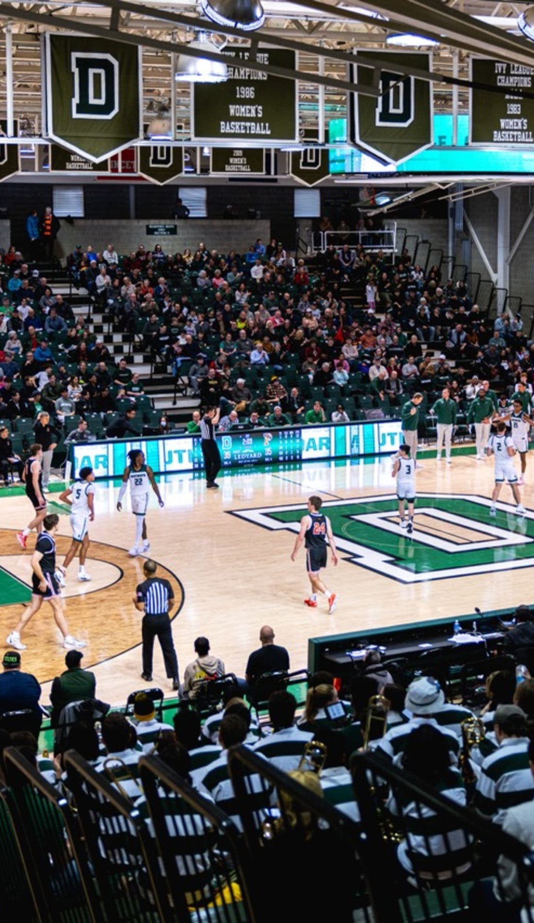 View from a seat at a Dartmouth Big Green Mens Basketball vs Yale Bulldogs Mens Basketball game, showing the teams playing