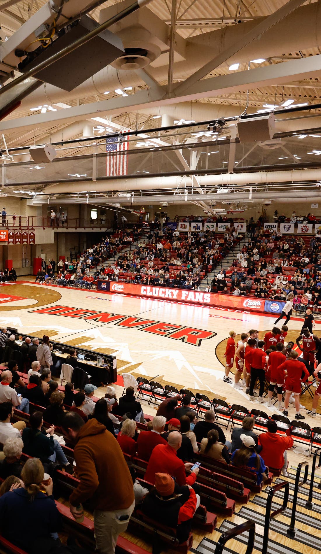 View from a seat at a Denver Pioneers Mens Basketball vs Western Illinois Leathernecks Mens Basketball game, showing the teams playing