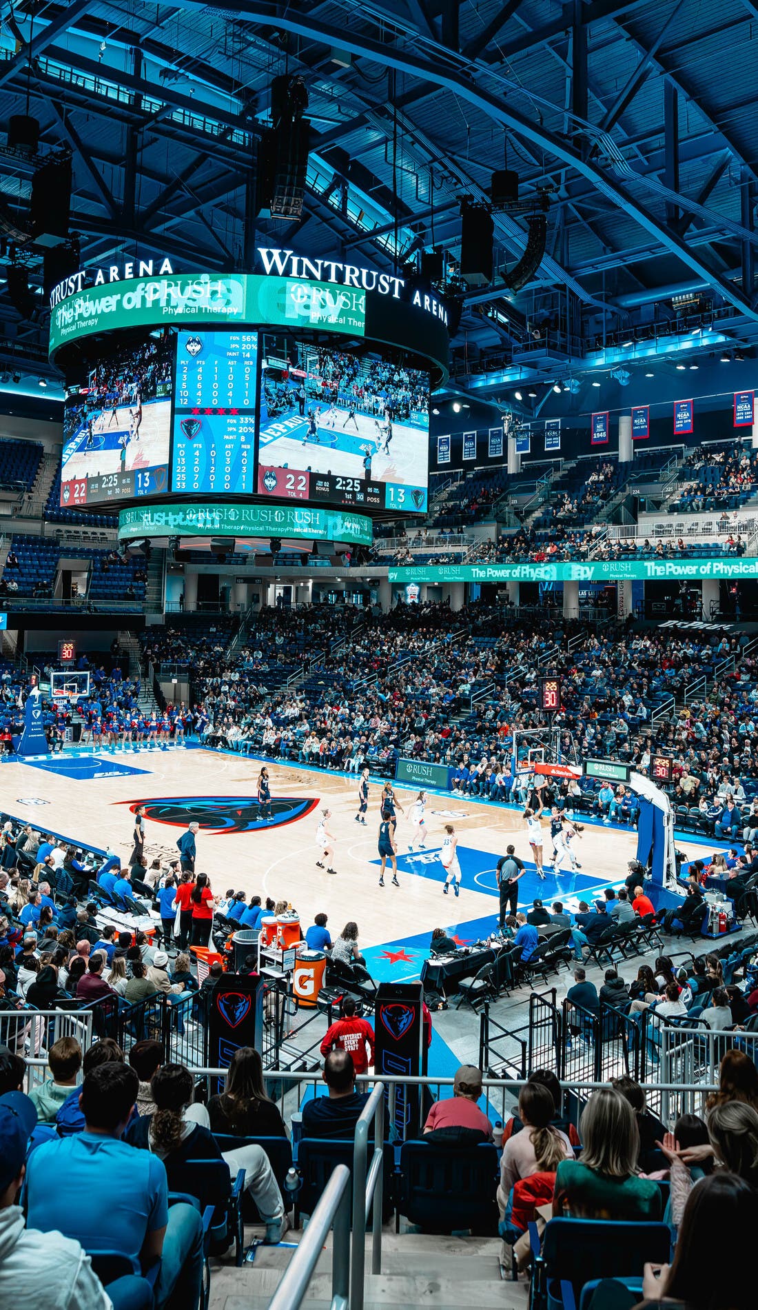 View from a seat at a DePaul Blue Demons Womens Basketball vs Xavier Musketeers Womens Basketball game, showing the teams playing