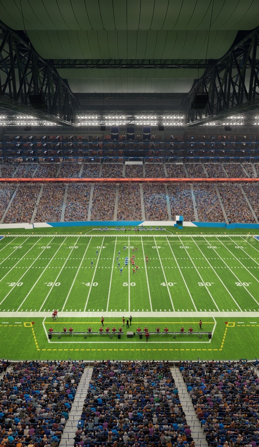 View from a seat at a Detroit Lions vs Green Bay Packers game, showing the teams playing