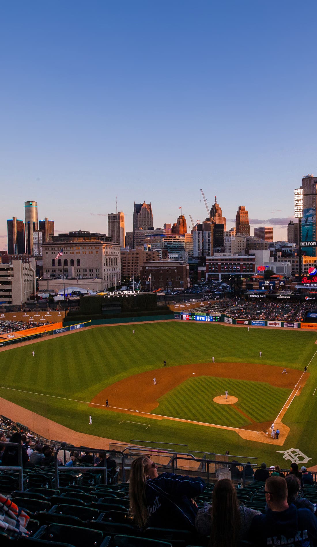 View from a seat at a Detroit Tigers vs Boston Red Sox game, showing the teams playing