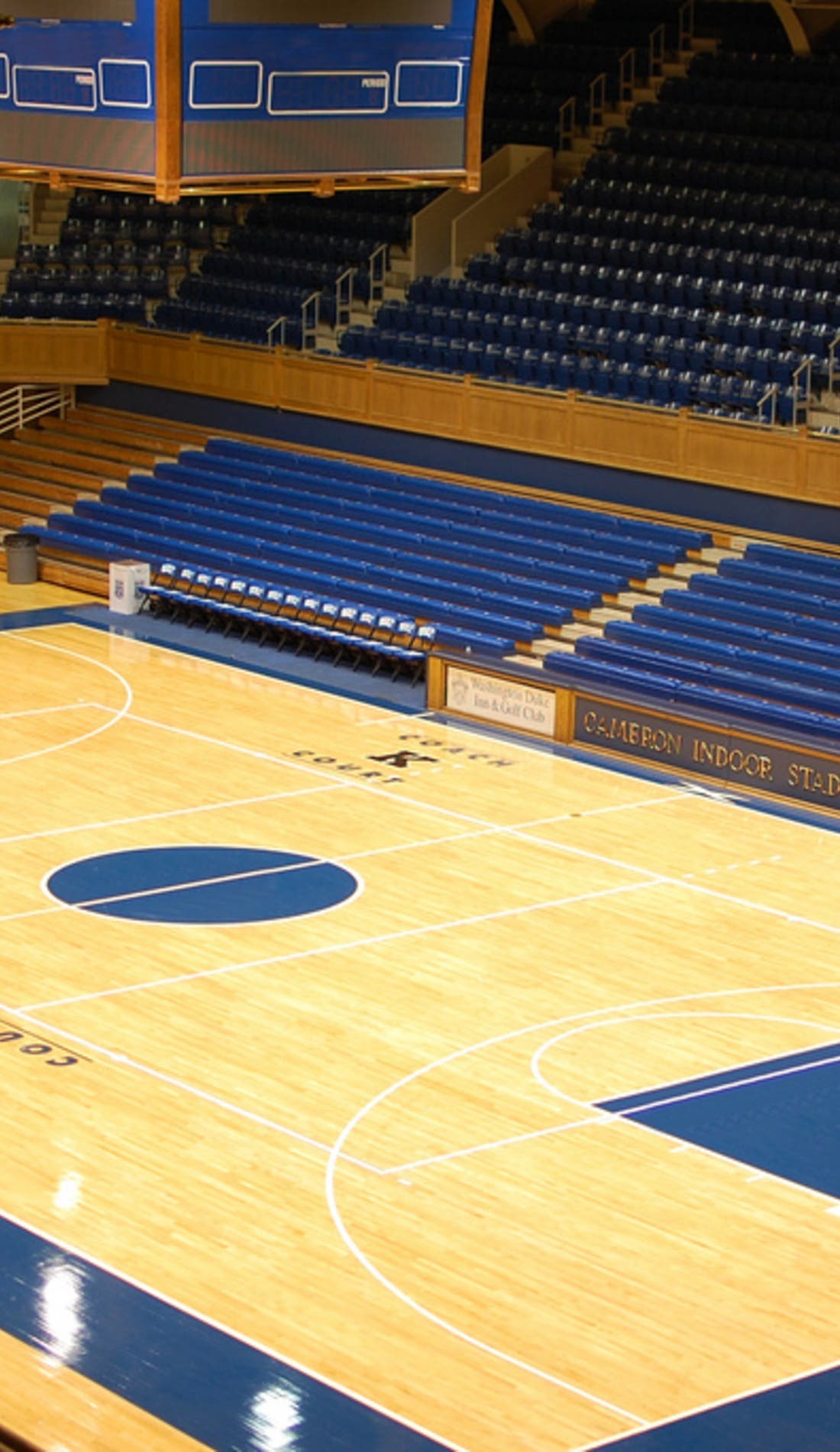 View from a seat at a Duke Blue Devils Mens Basketball vs Arkansas Razorbacks Mens Basketball game, showing the teams playing