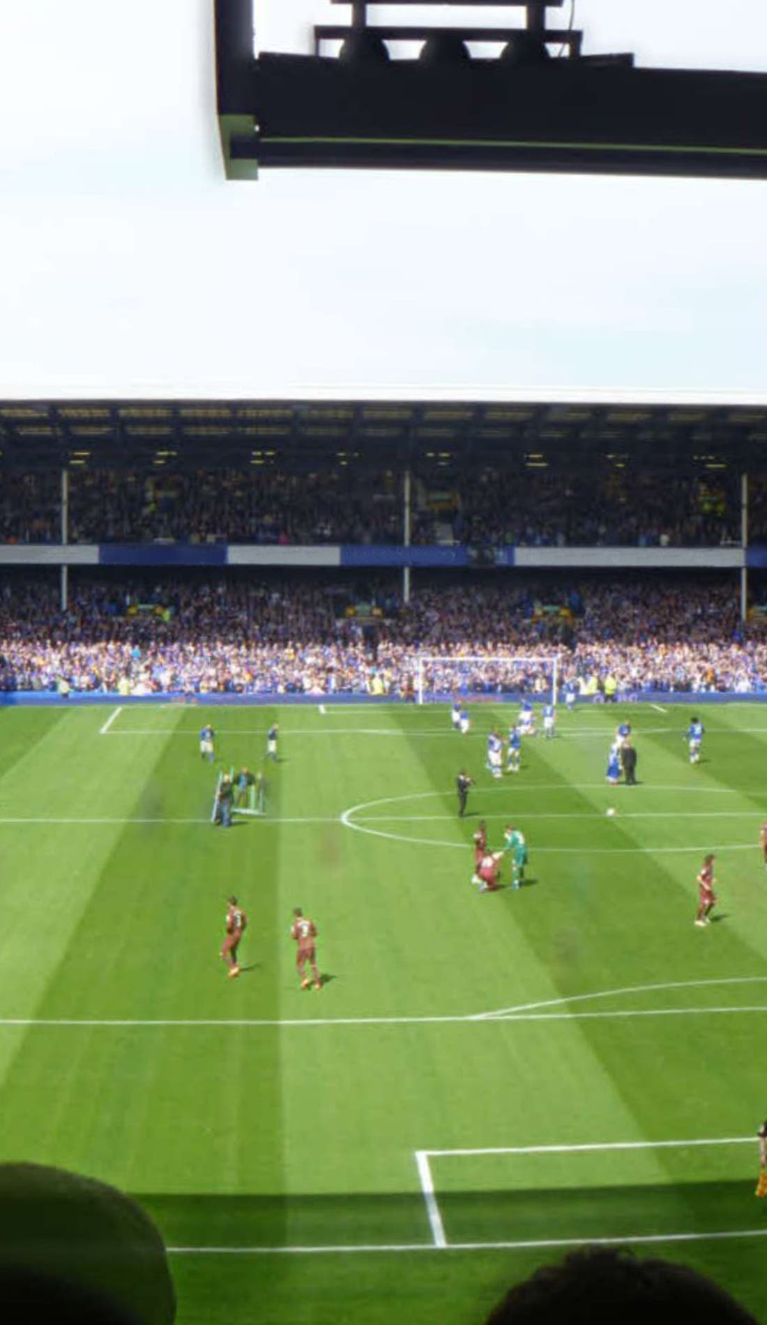 View from a seat at a Everton FC vs Wigan Athletic game, showing the teams playing