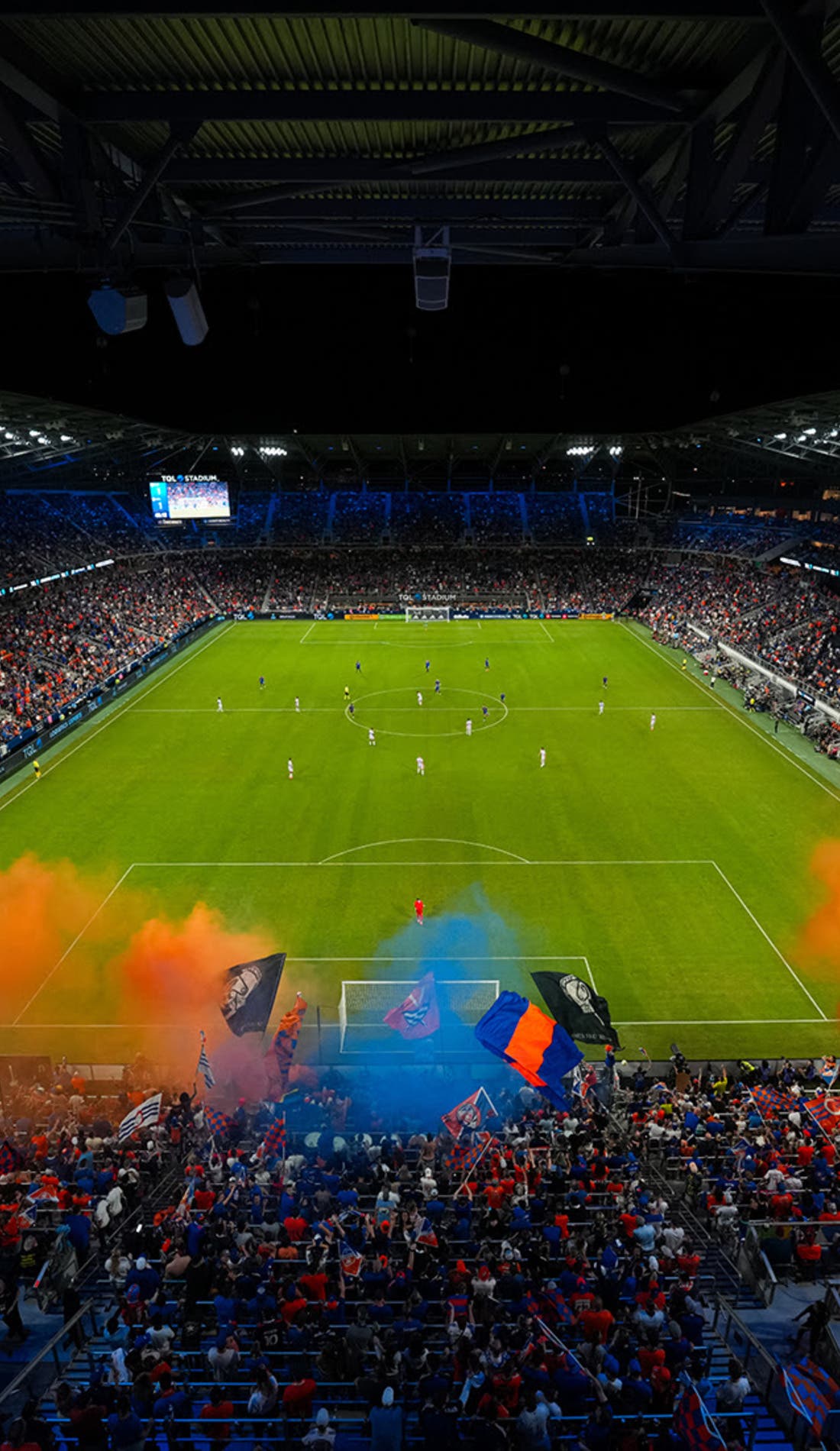 View from a seat at a FC Cincinnati vs Los Angeles Football Club game, showing the teams playing