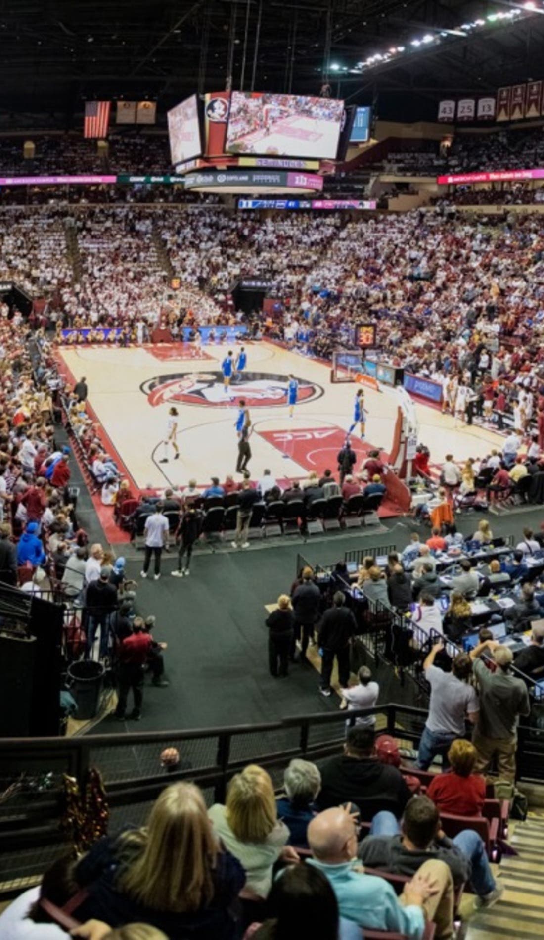 View from a seat at a Florida State Seminoles Womens Basketball vs Clemson Tigers Womens Basketball game, showing the teams playing