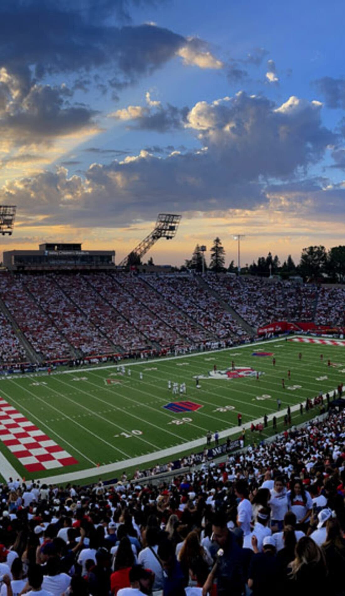 View from a seat at a Fresno State Bulldogs Football vs Nevada Wolf Pack Football game, showing the teams playing