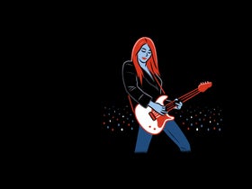 Illustration of a woman playing a guitar, symbolizing concert tickets and events