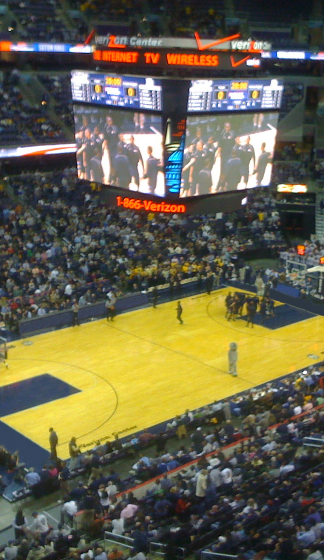 View from a seat at a Georgetown Hoyas Mens Basketball vs Brown Bears Mens Basketball game, showing the teams playing