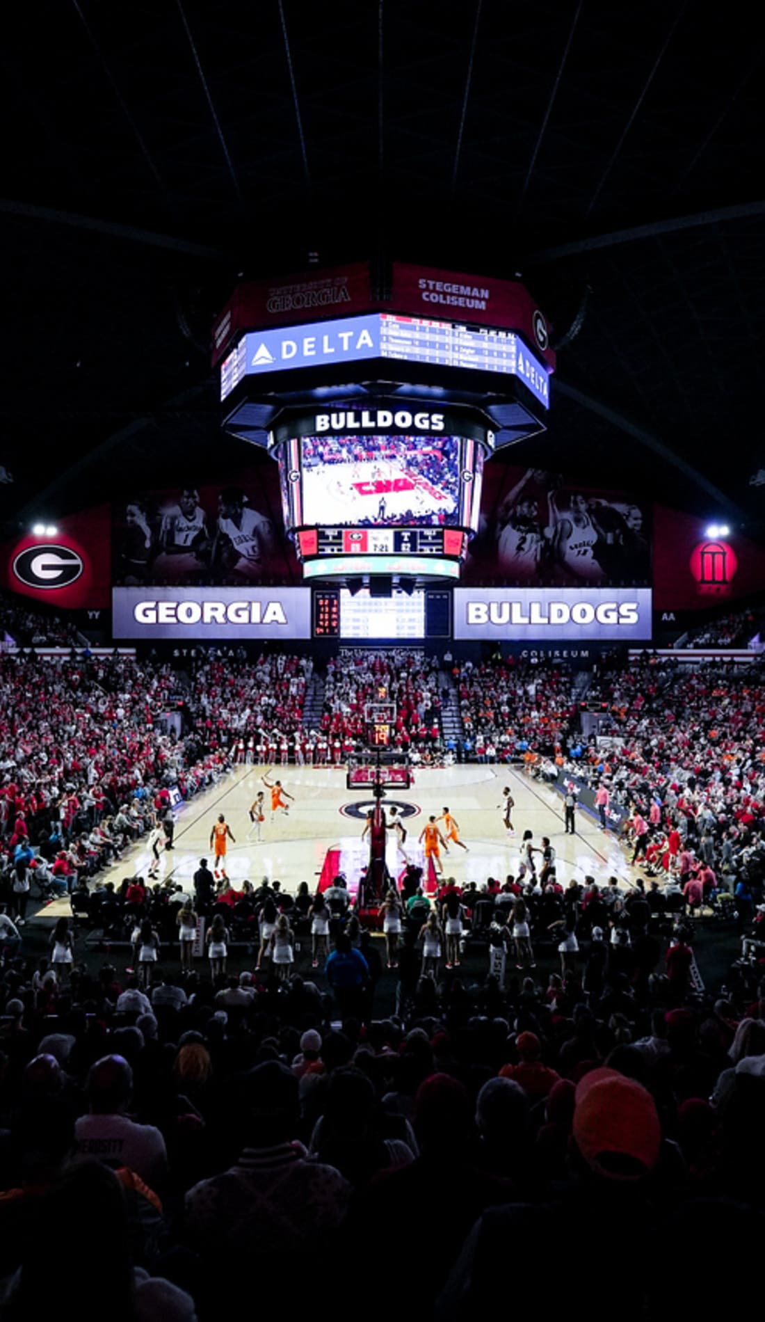 View from a seat at a Georgia Bulldogs Mens Basketball vs Kennesaw State Owls Mens Basketball game, showing the teams playing