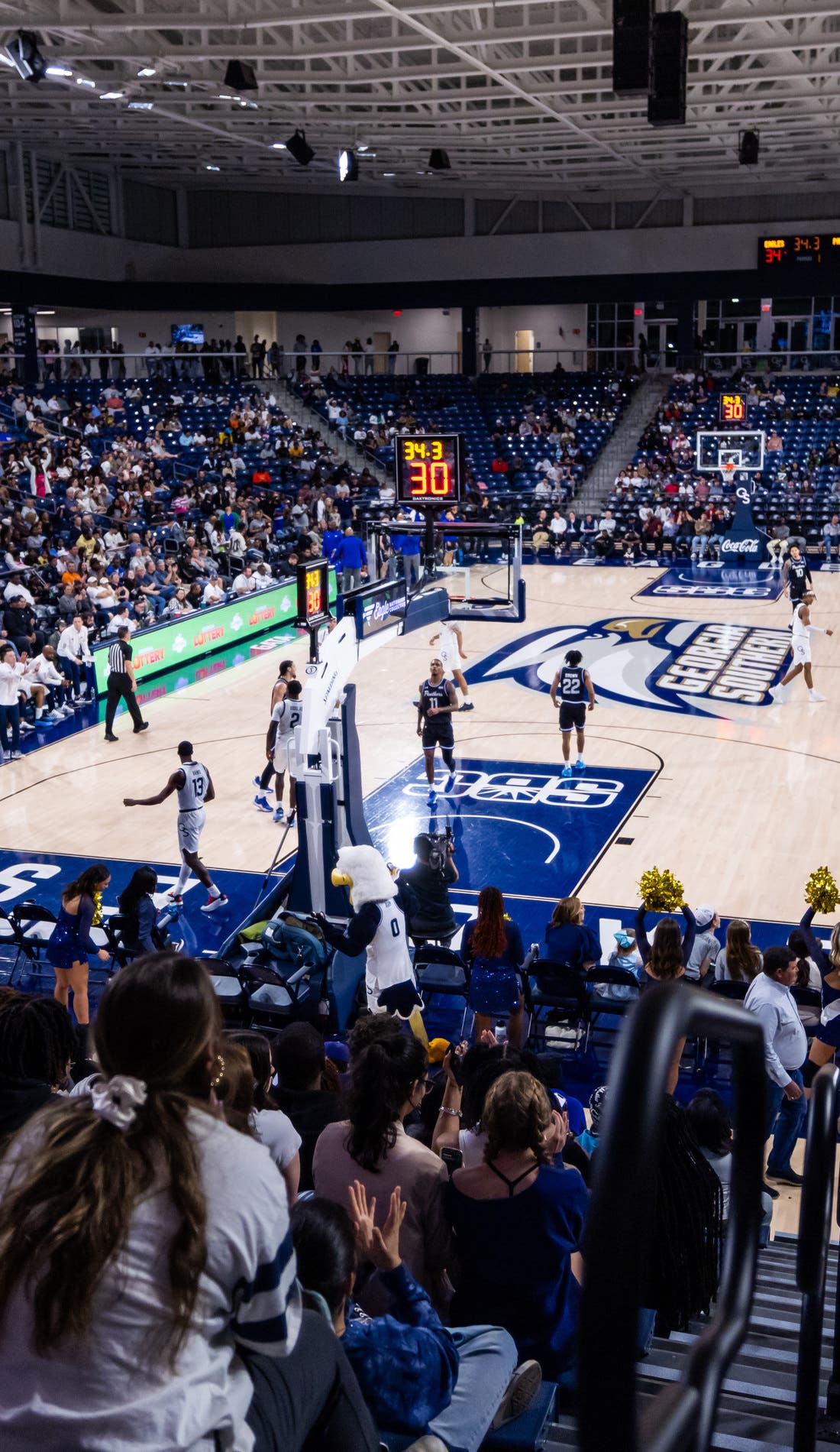 View from a seat at a Georgia Southern Eagles Mens Basketball vs Cal State Bakersfield Roadrunners Mens Basketball game, showing the teams playing