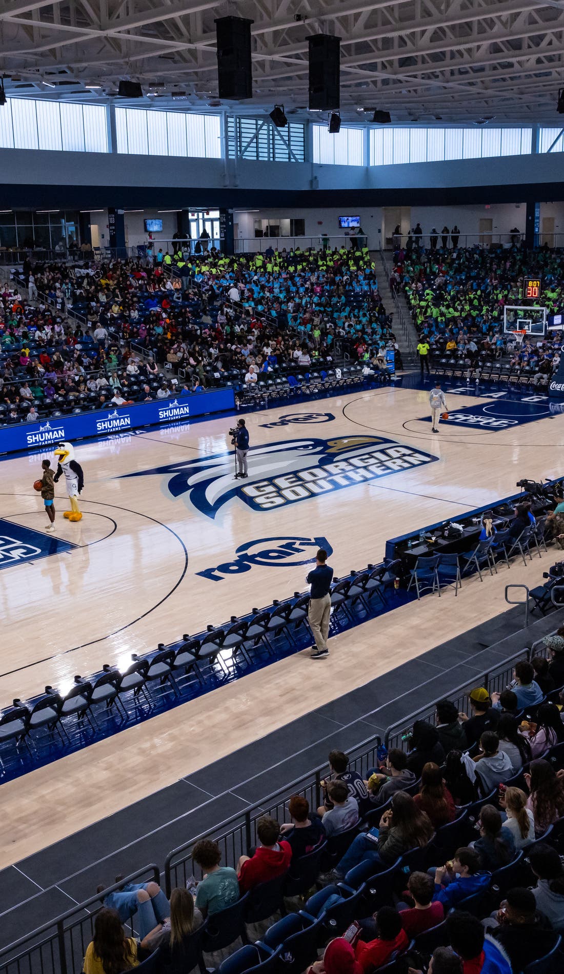 View from a seat at a Georgia Southern Eagles Womens Basketball vs Lipscomb Bisons Womens Basketball game, showing the teams playing