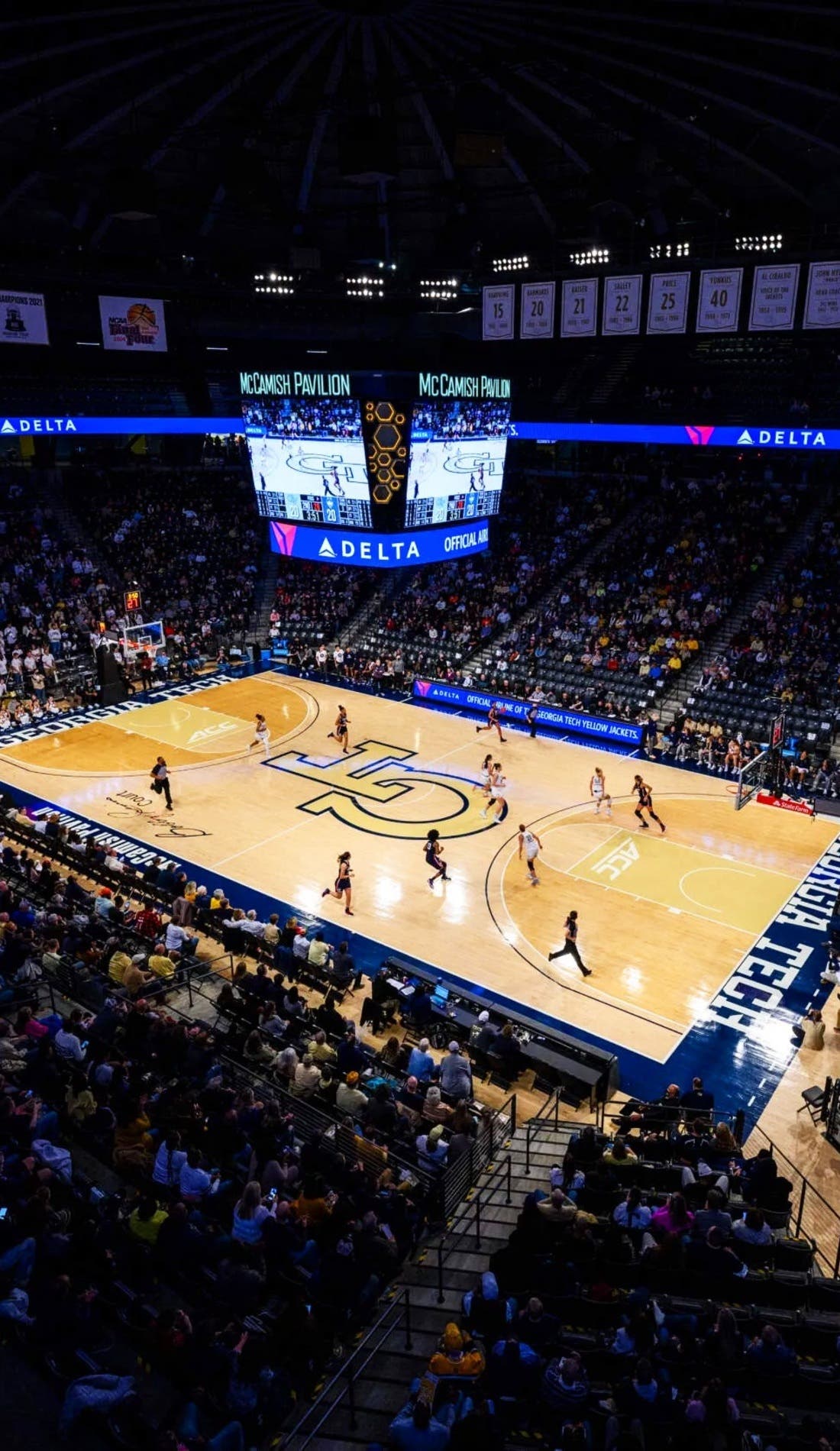 View from a seat at a Georgia Tech Yellow Jackets Womens Basketball vs Clemson Tigers Womens Basketball game, showing the teams playing