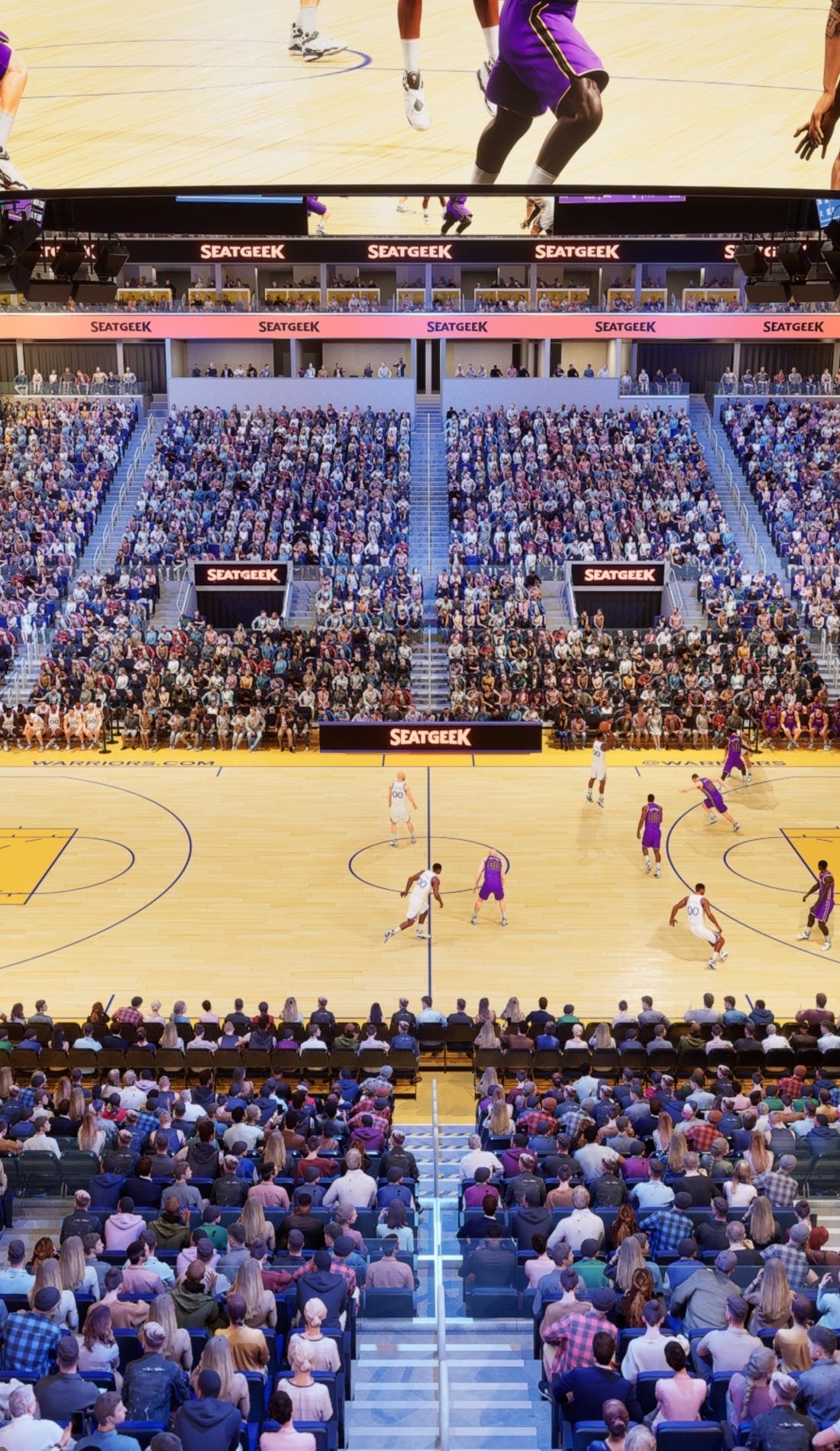 Vue d'un siège à un match Golden State Warriors contre San Antonio Spurs, montrant les équipes en action