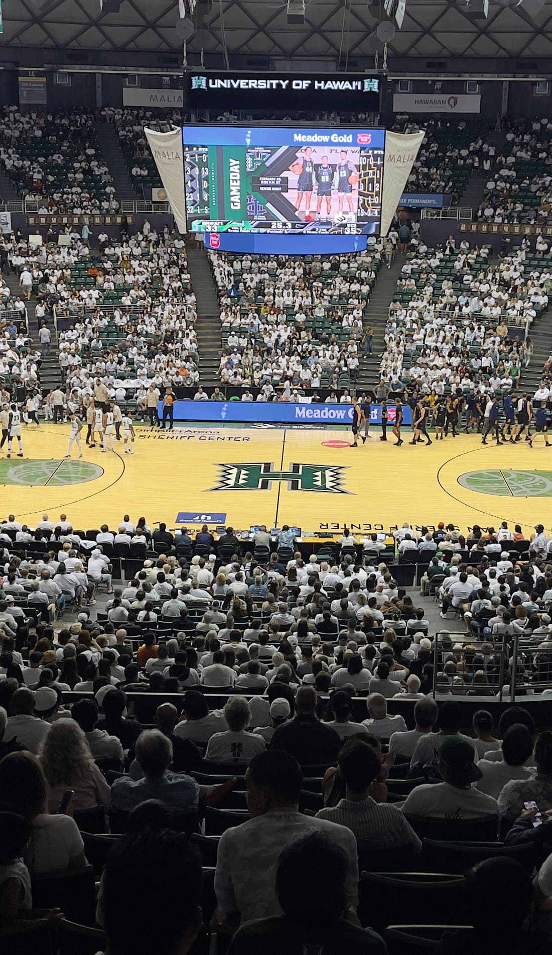 View from a seat at a Hawaii Rainbow Warriors Mens Basketball vs Marist Red Foxes Mens Basketball game, showing the teams playing