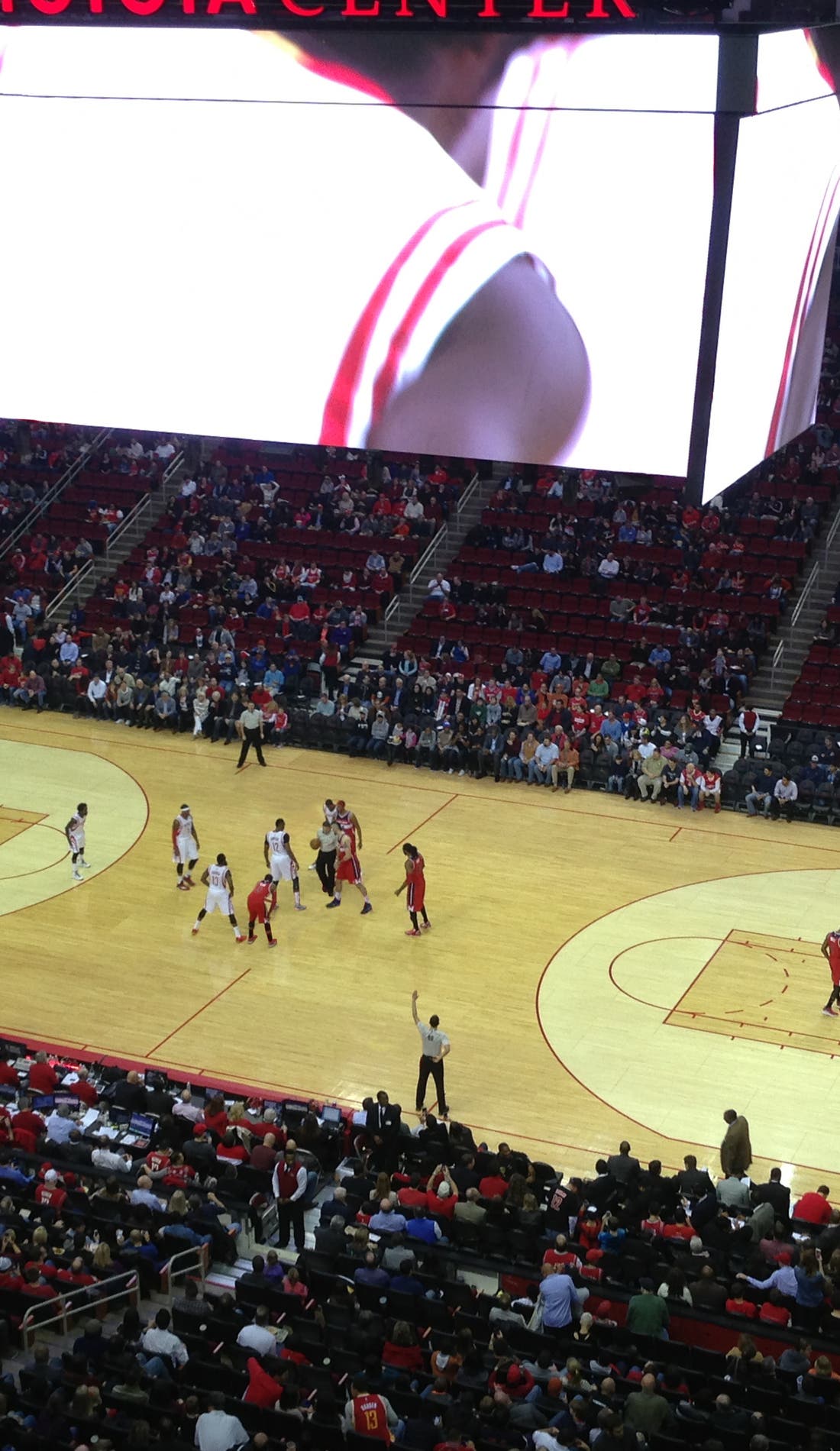 View from a seat at a Houston Rockets vs San Antonio Spurs game, showing the teams playing