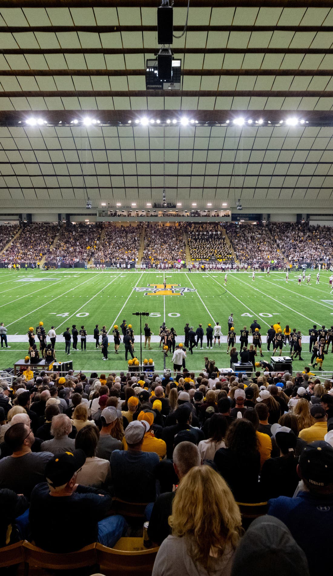 View from a seat at a Idaho Vandals Football vs South Alabama Jaguars Football game, showing the teams playing