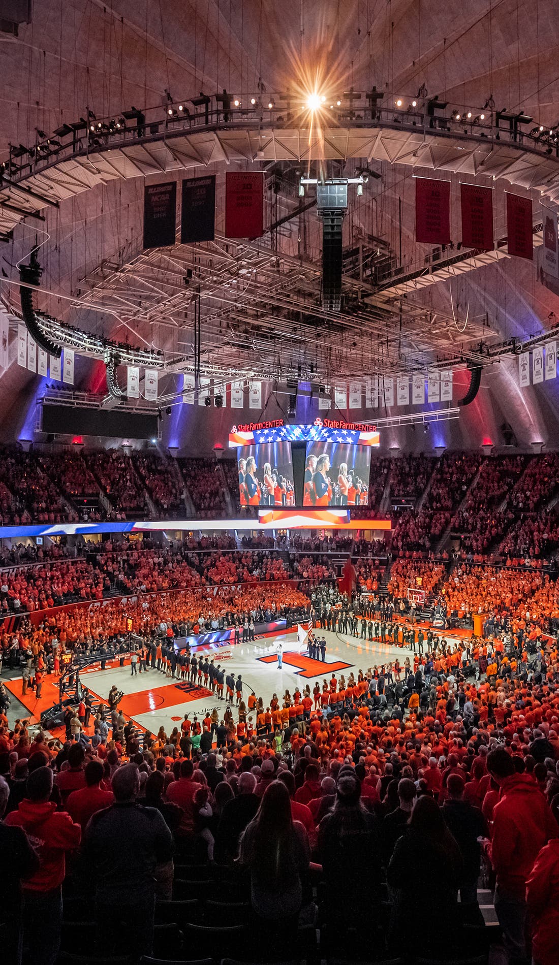 View from a seat at a Illinois Fighting Illini Mens Basketball vs Arizona Wildcats Mens Basketball game, showing the teams playing